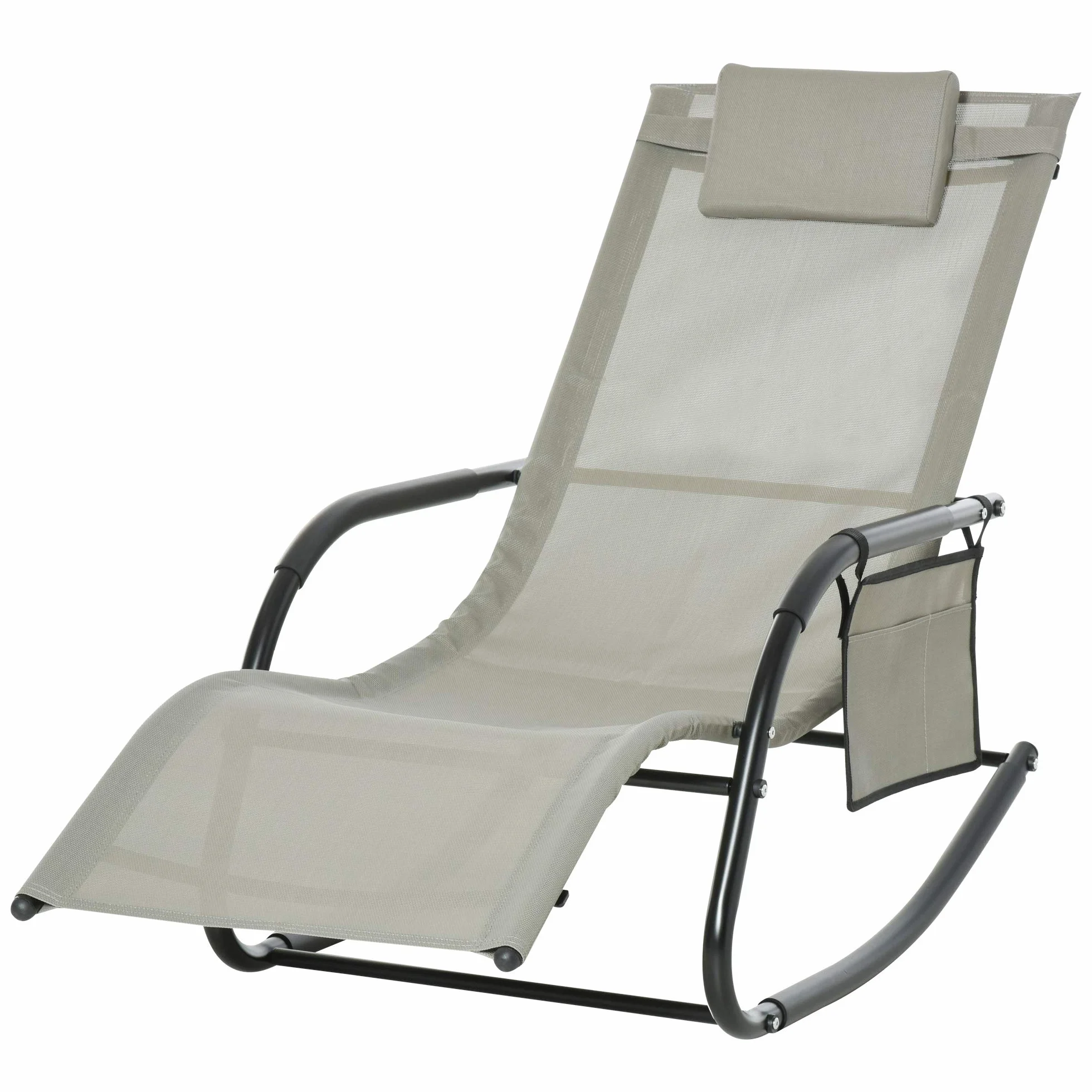 Outsunny Poltrona a Dondolo da Giardino, Lettino Sdraio da Esterno con Poggiatesta e Tasca Laterale, 150x62x88 cm, Nero e Grigio
