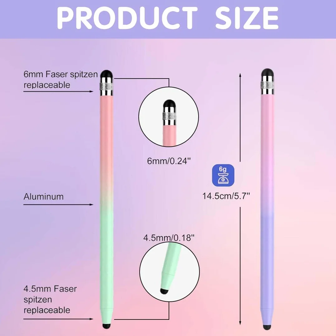 Penna per Tablet 2 in 1, 2 Pezzi, Verde Sfumato Rosa + Viola Sfumato Rosa, Touchscreen