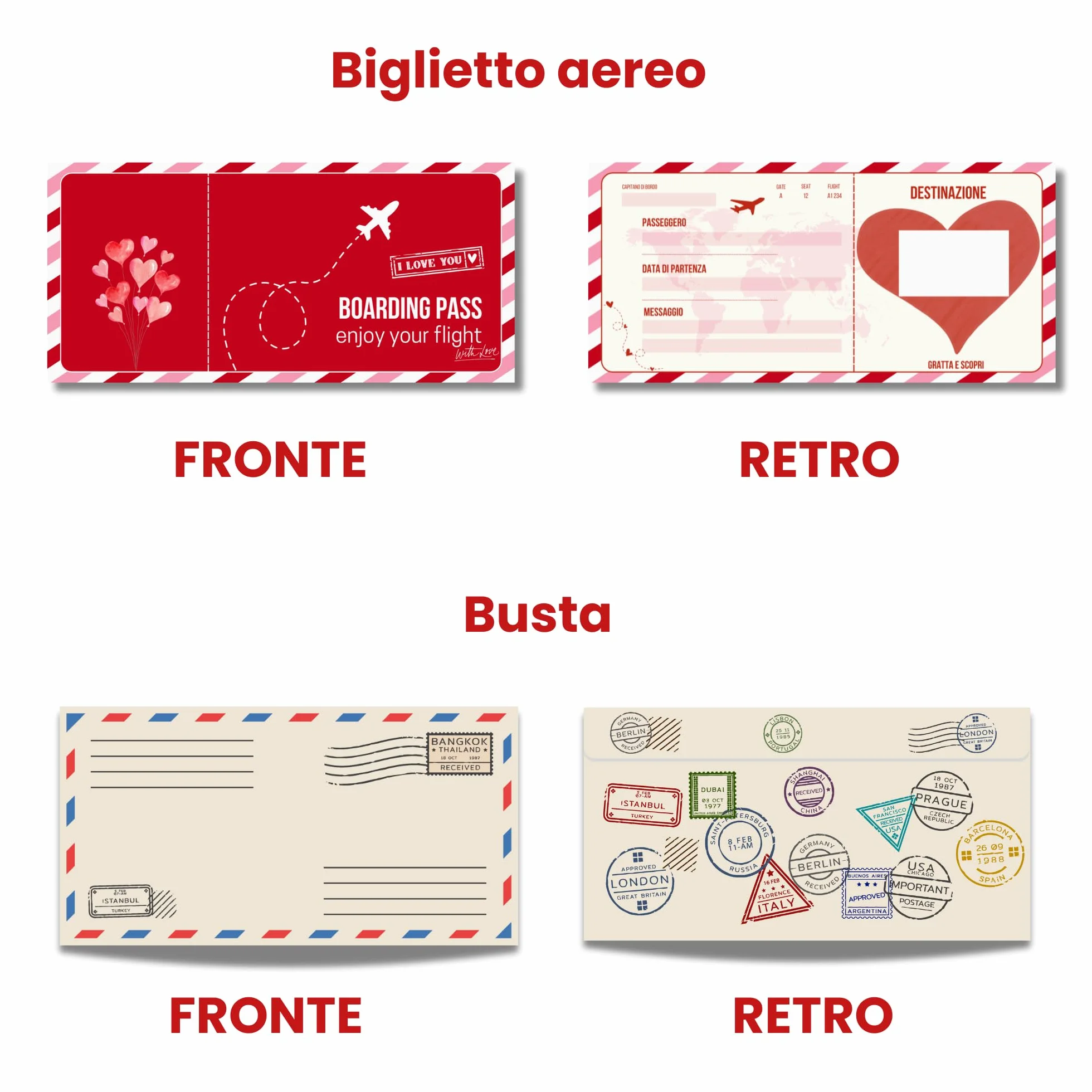 Biglietto Viaggio Sorpresa Gratta e Vinci | Biglietto Aereo Finto Regalo | Regalo San Valentino per Lei e Lui (Love)