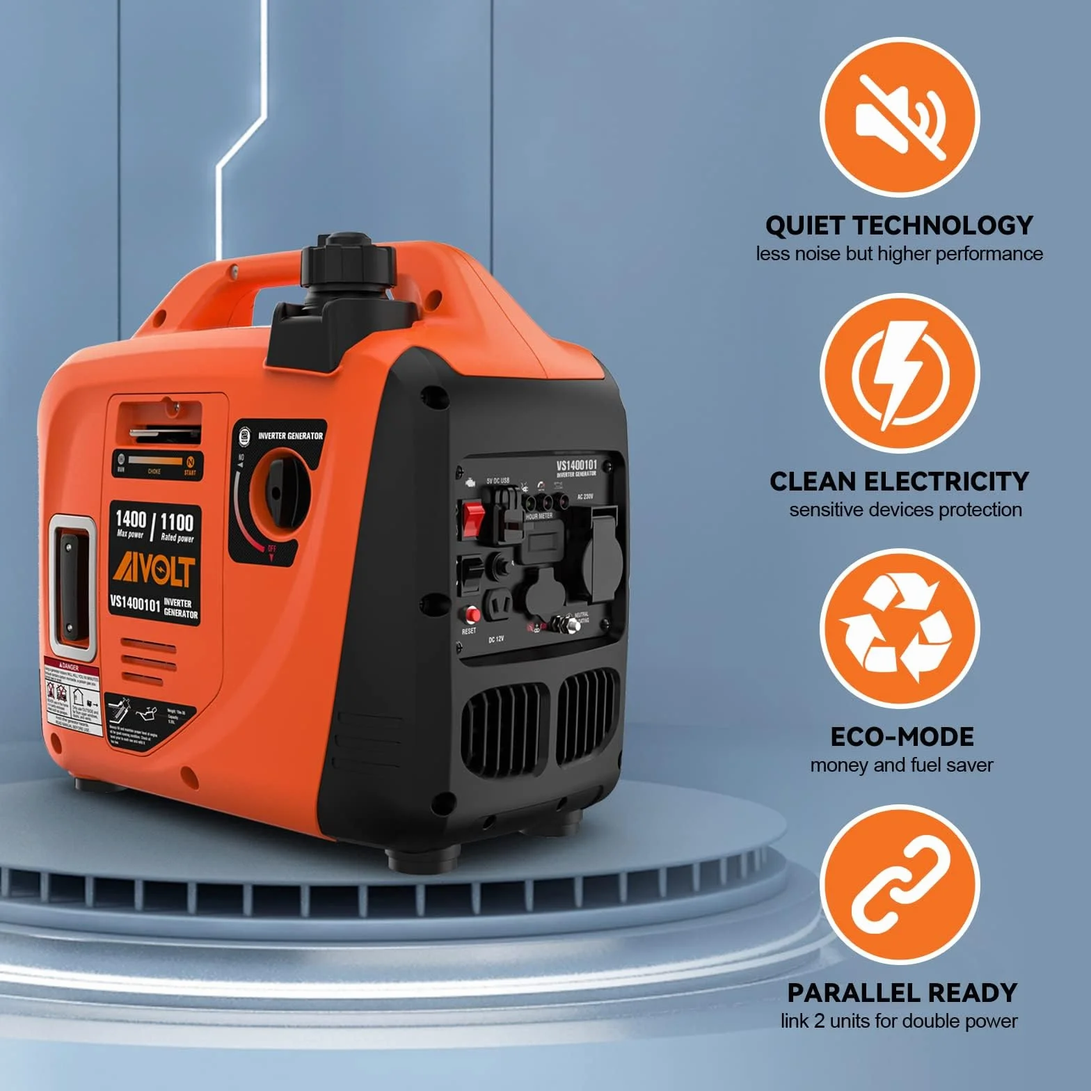AIVOLT Generatore Inverter 1400 Watt generatore di corrente silenziato gruppo elettrogeno emergenza a benzina silenzioso per campeggio, festival e uso domestico con 2 prese USB, 12V DC e 230 V AC