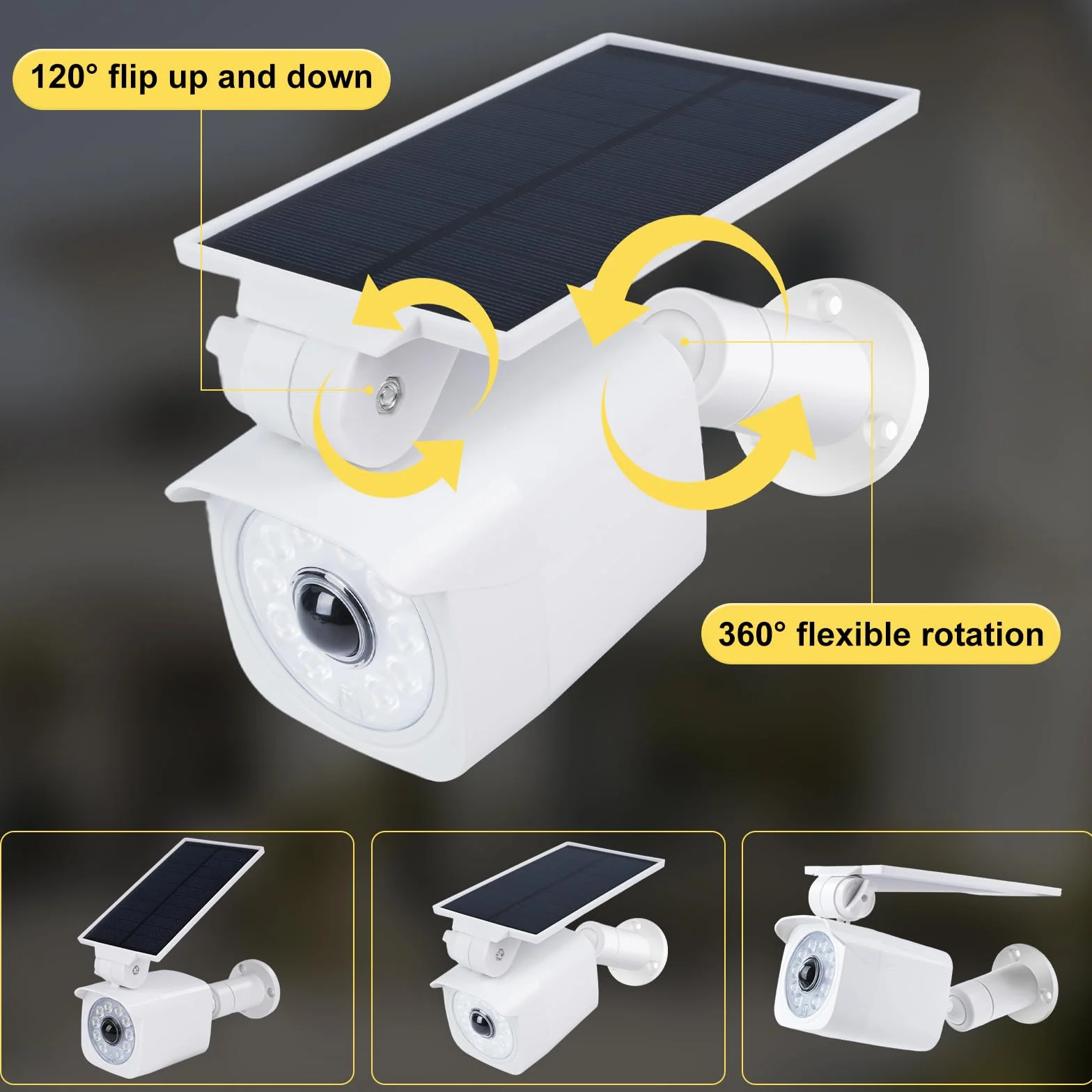 Telecamera finta da esterno Faro LED solare con sensore movimento 360° Pannello solare girevole 120° 5V 1,5W 2200mAh IP65 Bianco