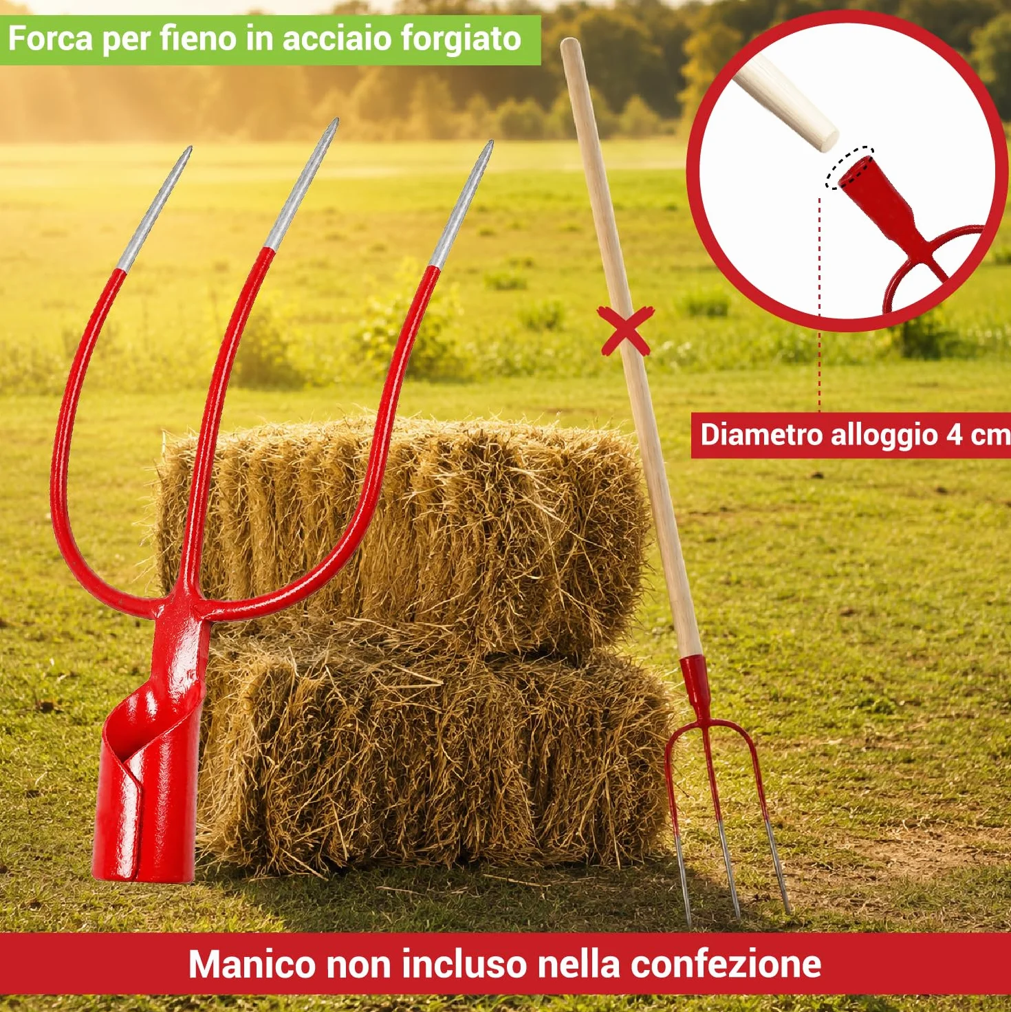 Crisalide® Forca per Fieno a 3 Denti Senza Manico – Forca in Acciaio Forgiato per Paglia, Fieno, Erbacce e Uso Agricolo Professionale