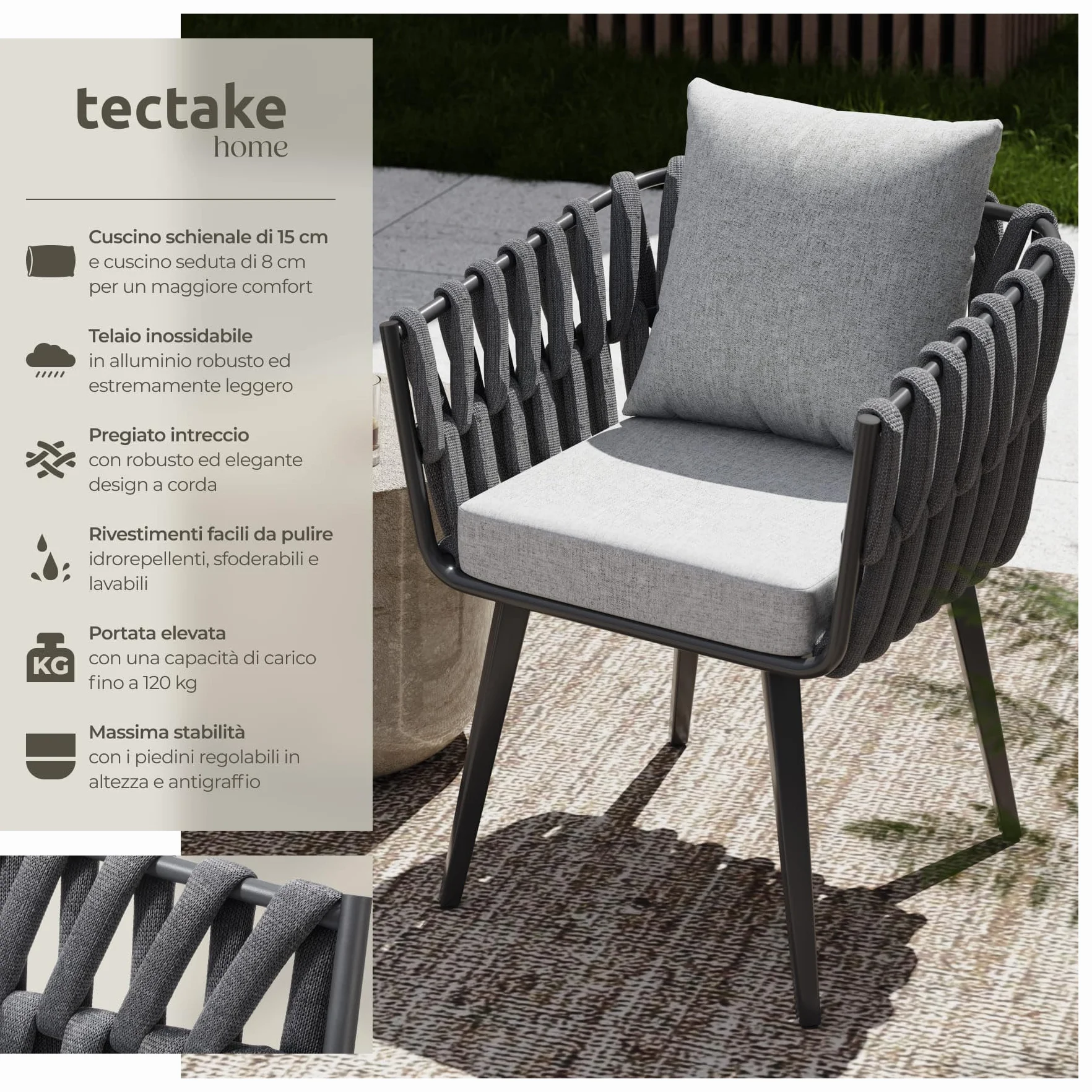 tectake® Set di 2 Sedie da Giardino, Design a Corda, Struttura in Alluminio, Cuscini Extra Spessi e Super Morbidi, Rivestimenti Idrorepellenti e Lavabili, Piedini Regolabili in Altezza - Antracite