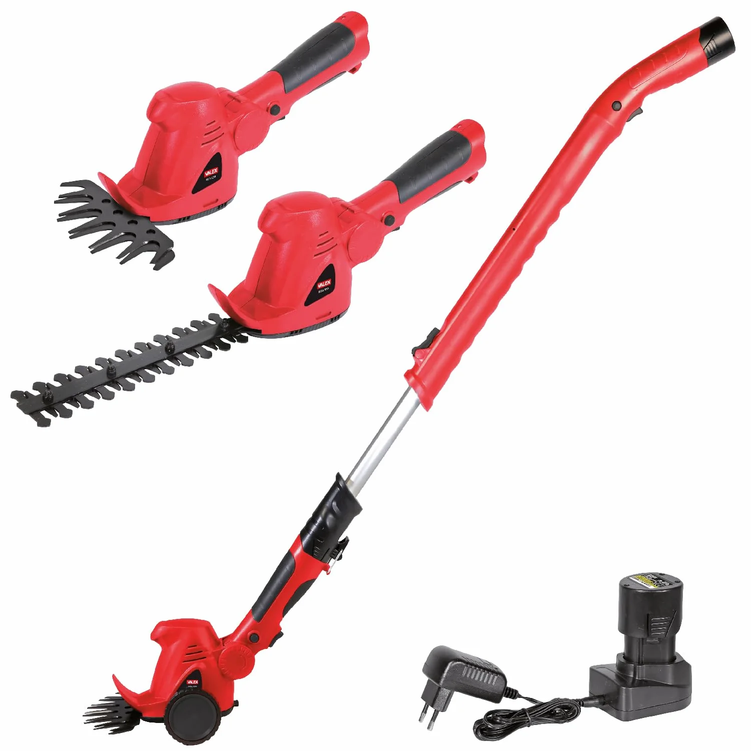 Valex RSA109 Rifinitore per Siepi e Aiuole a Batteria, Lama Tagliasiepi 220 mm e Tagliaerba 160 mm, Testa Inclinabile 7 Posizioni, Manico Telescopico con Ruote