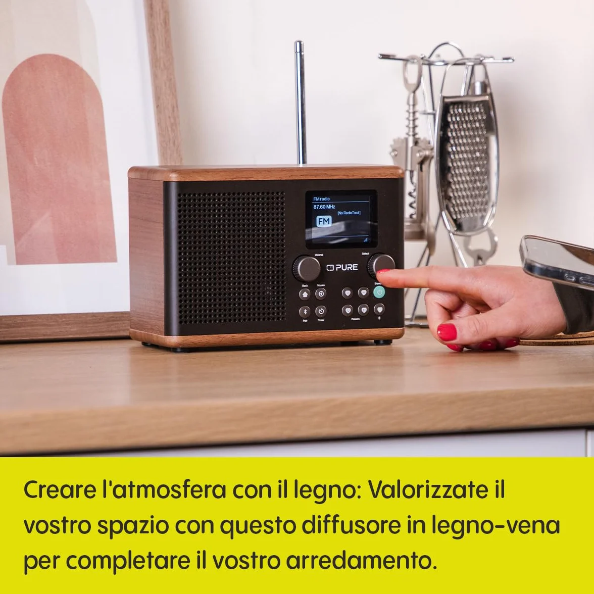 Pure Classic H4 Radio da Cucina Digitale DAB+ FM Bluetooth USB AUX Timer Sveglia Caffè Nero Noce