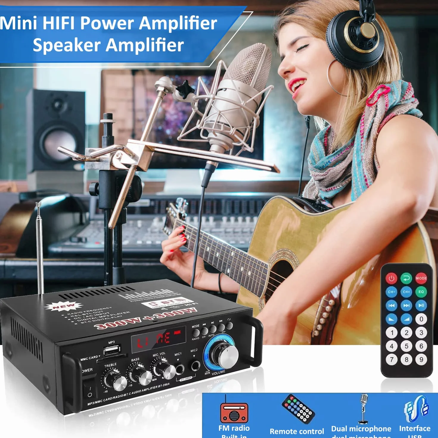 Amplificatore Audio HiFi 600W Stereo Bluetooth 5.0 12V 220V 2 Canali Display LCD Radio FM Portatile