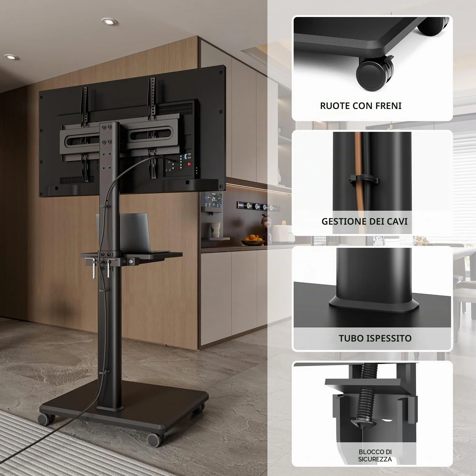 AX WABER Supporto TV da Pavimento Mobile con Ruote per TV 27-65 Pollici VESA 400x400 40 kg