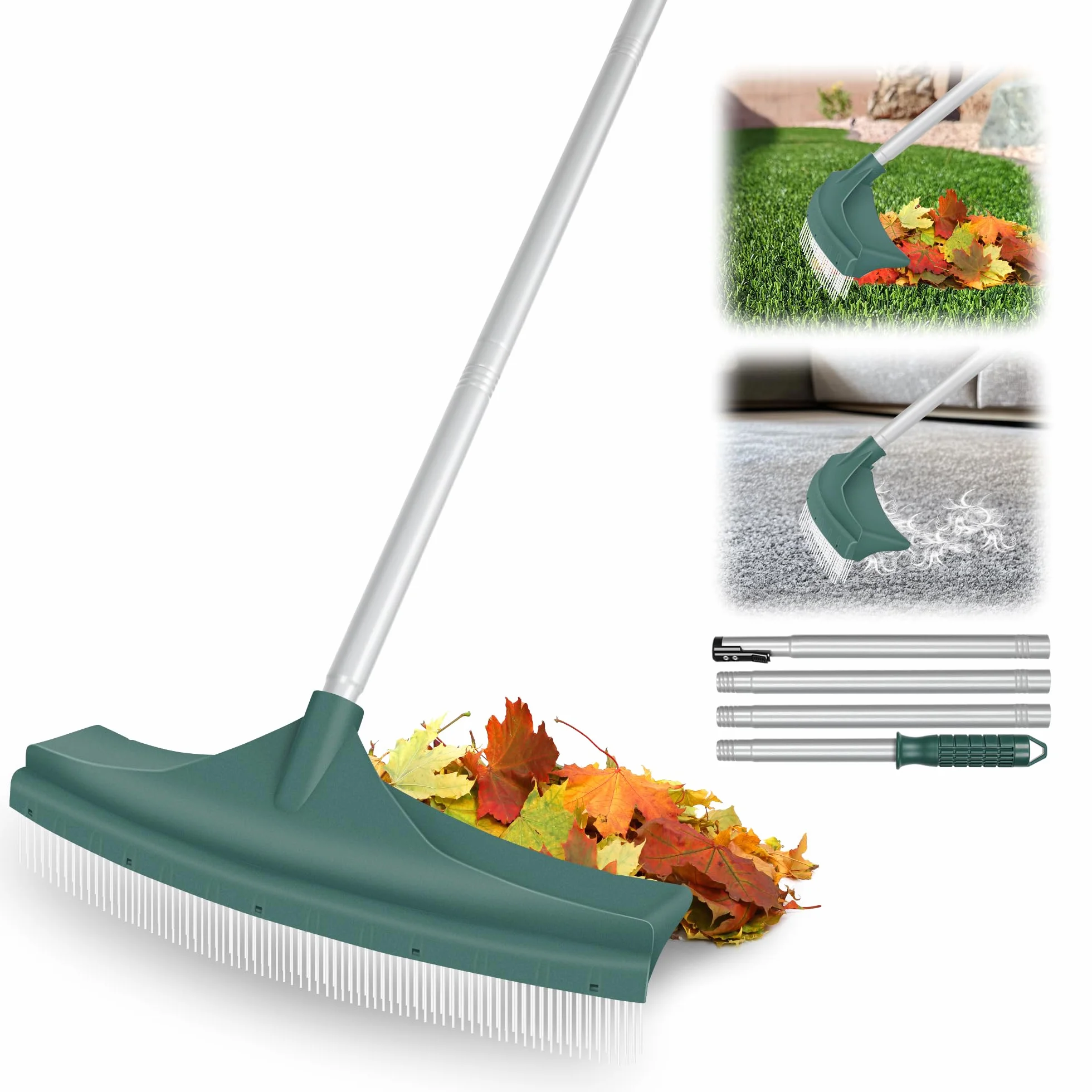 ORIENTOOLS Spazzola per erbacce artificiale, rastrello curvo regolabile da 80 a 134 cm, manico in acciaio, rastrello finto PA per prati e foglie