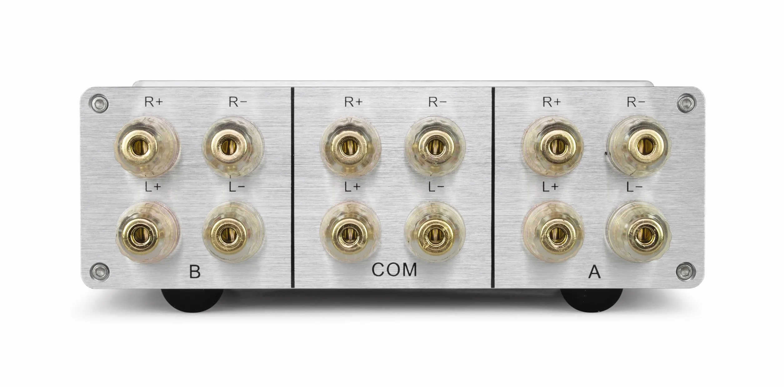 Dynavox AMP-S III commutatore amplificatori altoparlanti 2 coppie casse 1 amplificatore chassis alluminio connettori banana morsetti argento