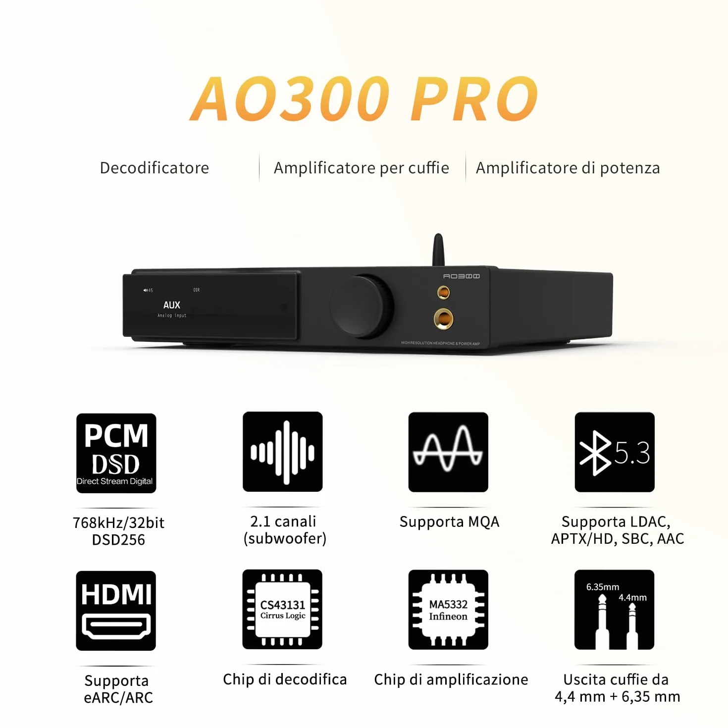 SMSL AO300 PRO Potenza Amplificatore DAC CS43131 165W MQA USB Coax Ottico RCA 2.1 Canali Cuffie 4.4mm 6.35mm Argento