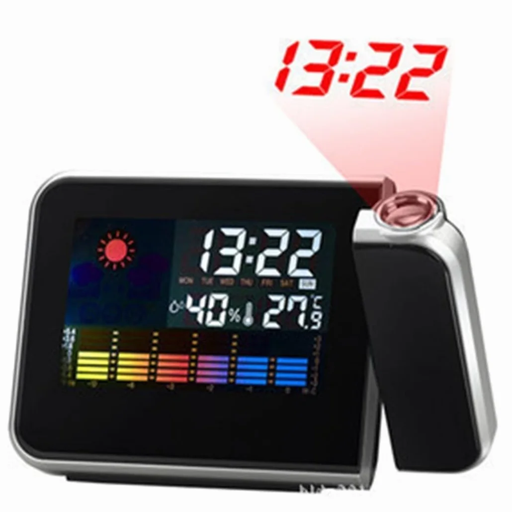 Sveglia a Proiezione con Display LED, Termometro Meteo, Schermo LCD, Funzione Snooze, Porta USB (Nero)