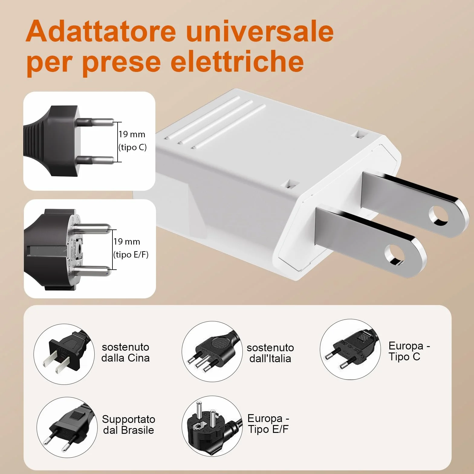 GRIFEMA Adattatore Presa USA Tipo A Confezione da 4, 6A 250V, Adattatore di Viaggio per Spine Tipo L/C/E/F/A/N