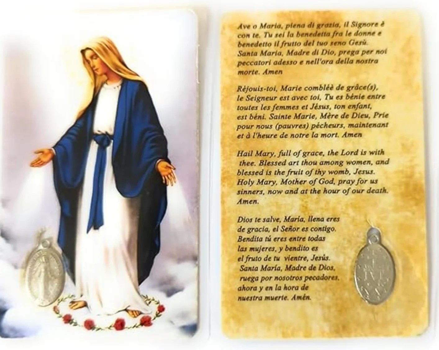 OVUNQUE PROTEGGIMI Immagini Santino, Set di 5 Immaginette dei Santi con Preghiera Multilingua e Medaglia Madonna Miracolosa, Holy Card Plastificate