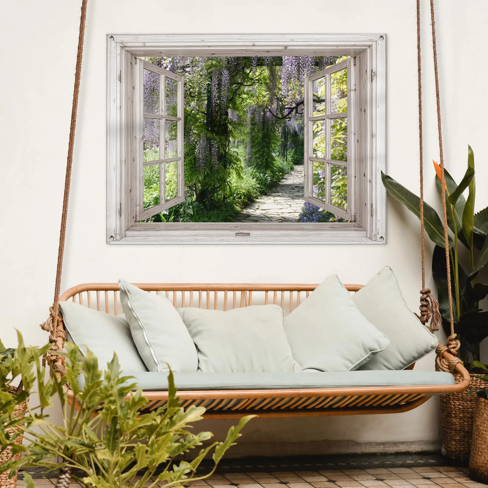 MuchoWow© Decoracion Pared Exterior 120x90 cm Posters Decorativos Jardin Terraza Balcon Wall Decoration Decoración Patio Póster De Jardín Glicinia - Flores - Vista - Árbol - Primavera