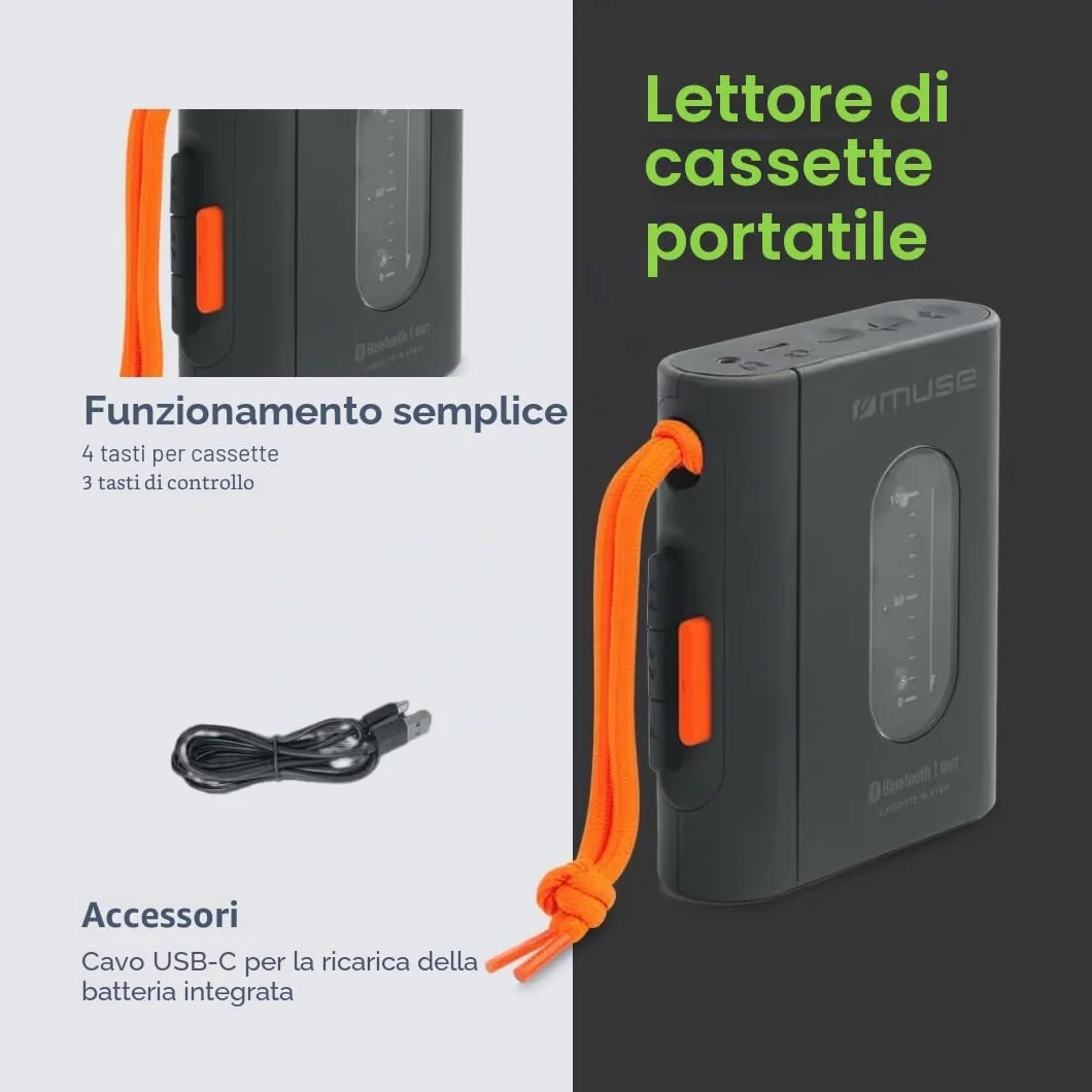 MUSE Lettore cassette portatile con jack per cuffie, ricarica USB-C, nero