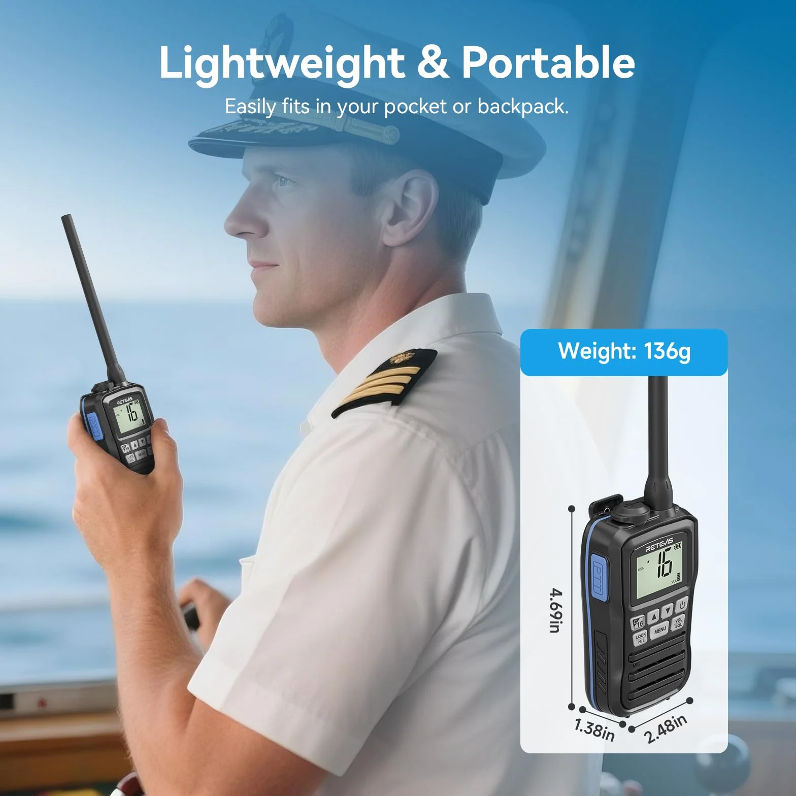 Retevis RM01P Marine Walkie Talkie IP67 Impermeabile VHF 88 Canali 1750mAh Tipo C Nero