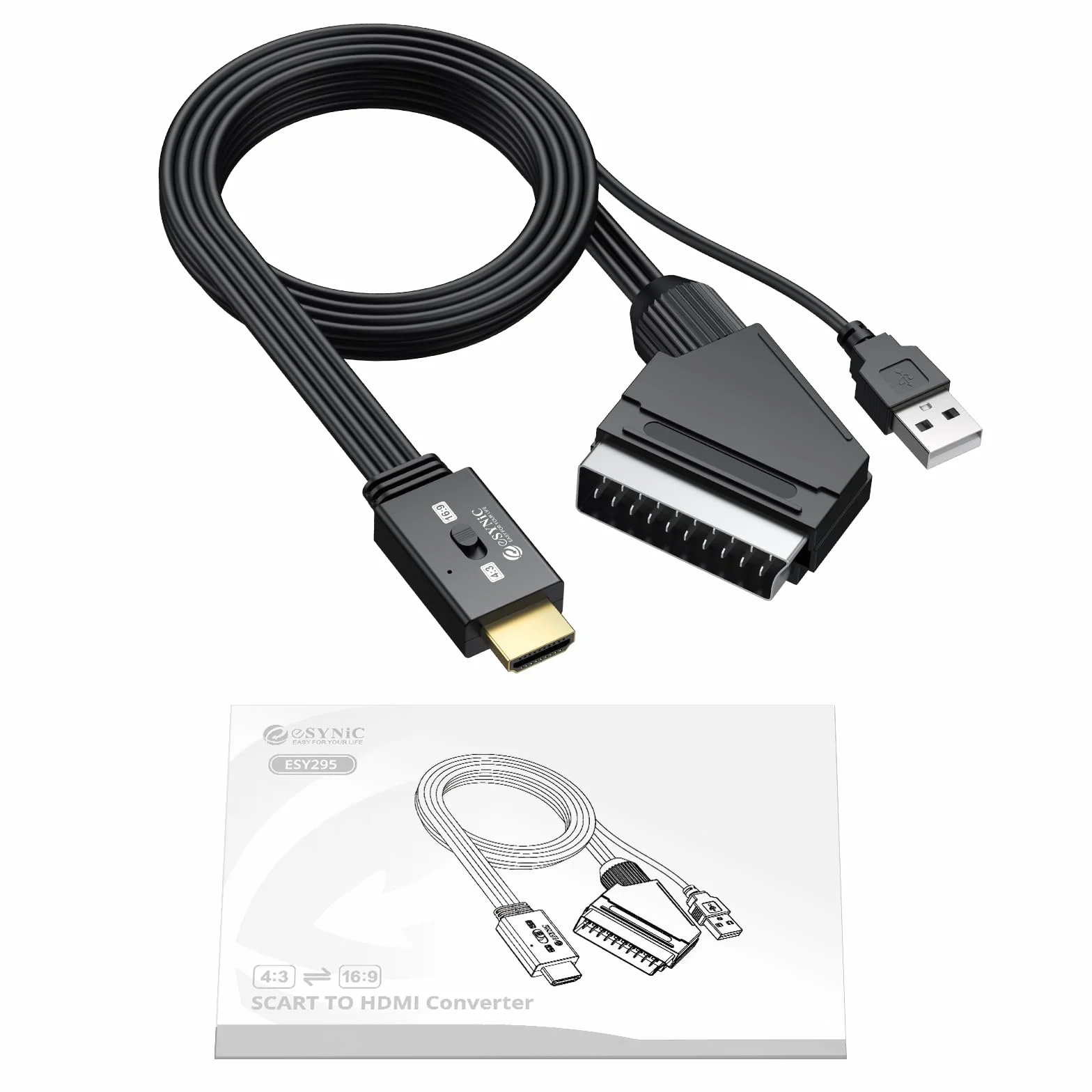 eSynic Convertitore SCART a HDMI 1080P con Cavo Integrato 1.5m Adattatore Video Audio per TV Monitor