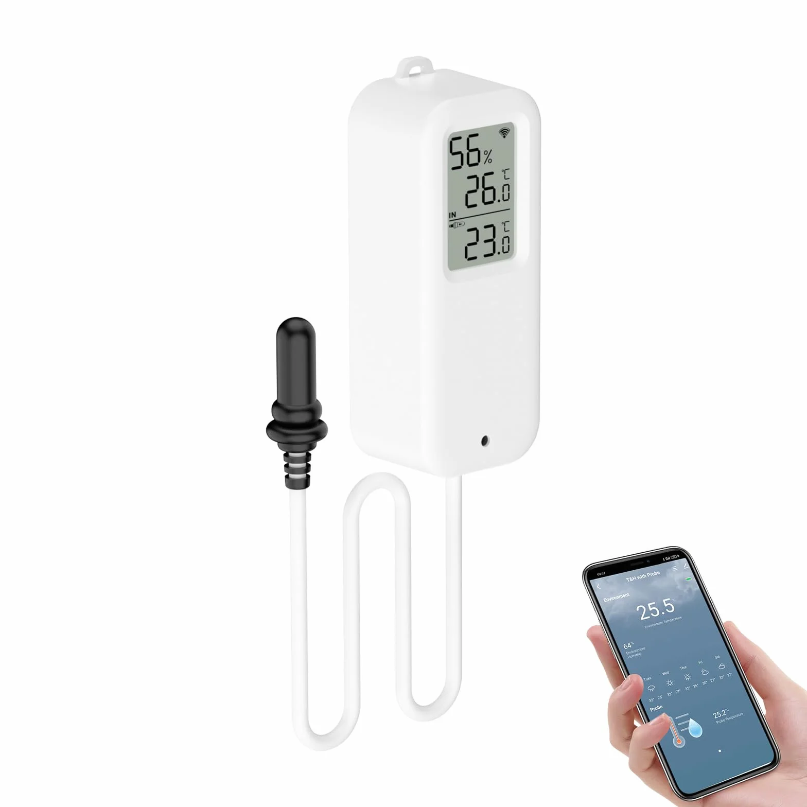 Sensore Temperatura Wifi, Igrometro Digitale Interno ed Esterno con Sonda Esterna, Termometro Frigorifero Meter App Monitor, Baby Room Termometro per Frigorifero, Acquario, 1 Pack con Schermo