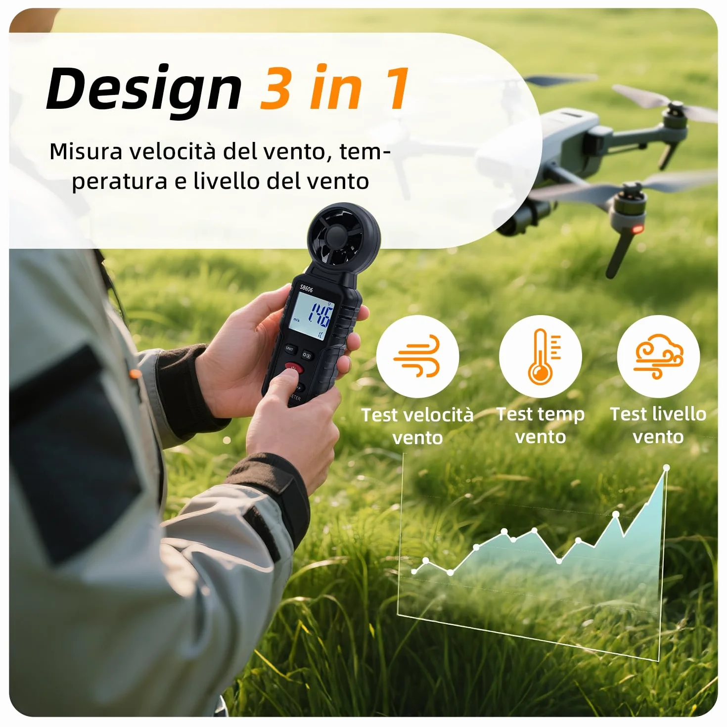 Anemometro Portatile 3 in 1 Misuratore di Velocità del Vento per Esterni Nela Surf Volo