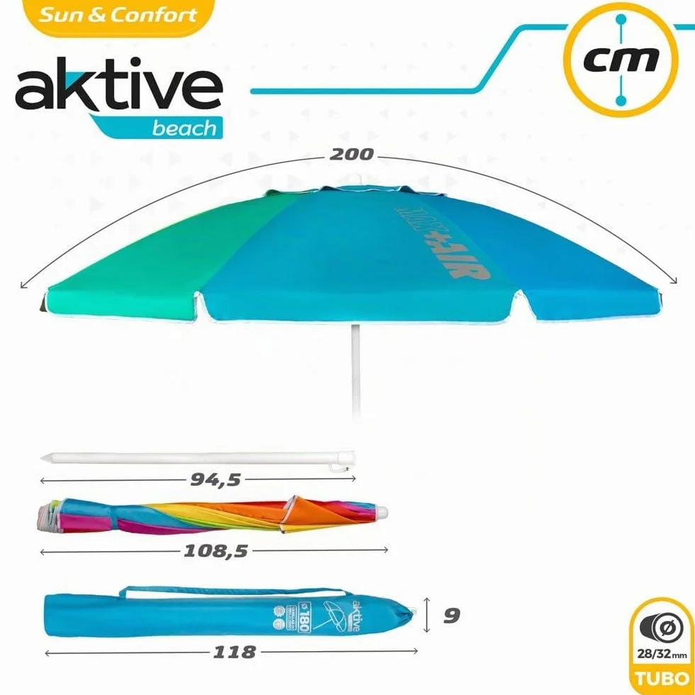 AKTIVE Grande ombrellone da spiaggia Ø200 cm antivento UV 50 palo 28-32 mm flessibile borsa