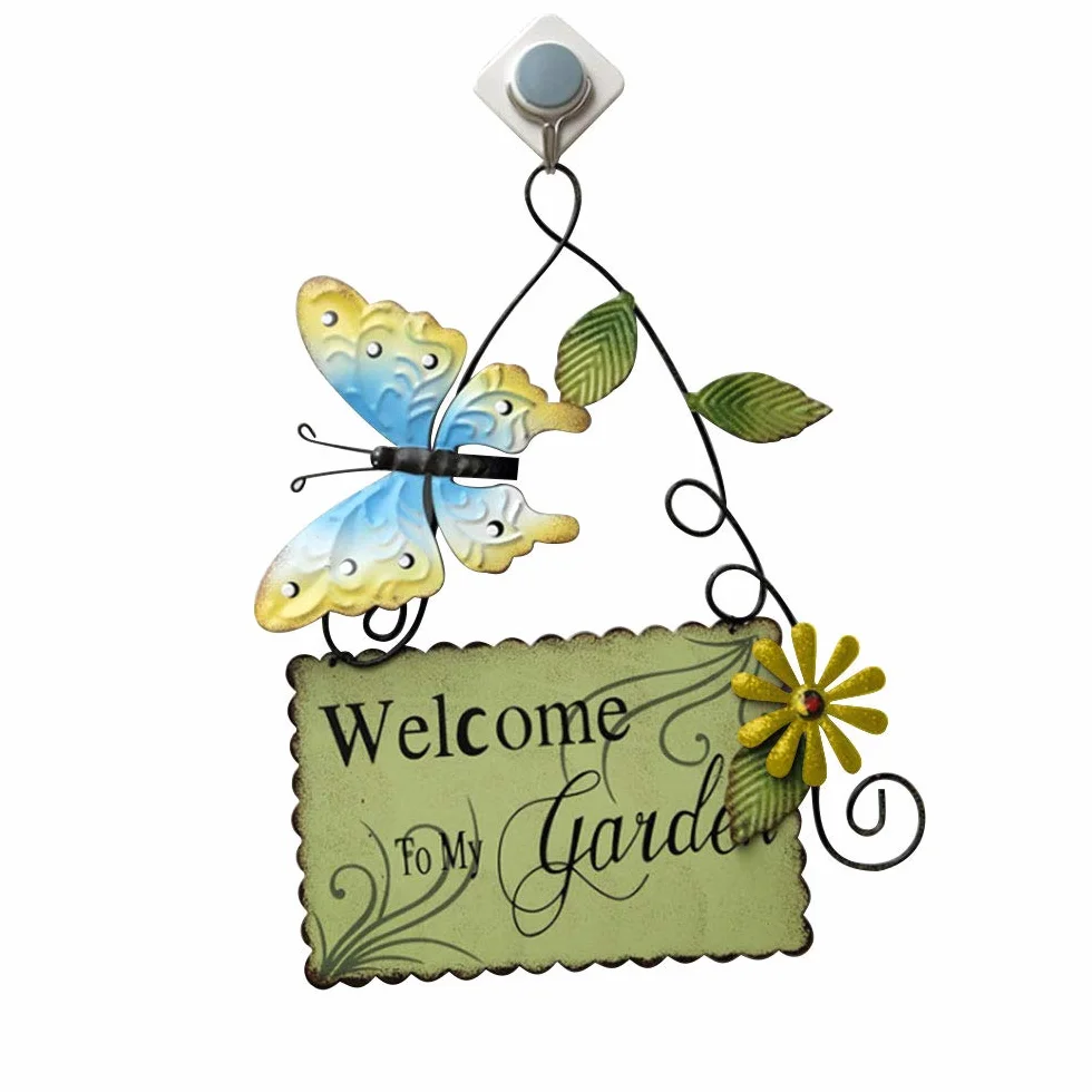cartello di benvenuto da giardino con scritta in lingua inglese "Welcome to My Garden", in metallo da appendere, con farfalla, decorazione da parete per esterni, giallo, 18cm x 30cm