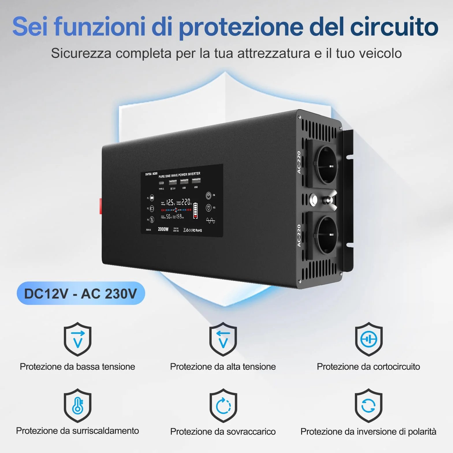 DATOUBOSS Inverter 12V 220V/230V Onda Pura 2000W Convertitore con Telecomando 2 Prese EU USB QC3.0 Type-C Display LCD
