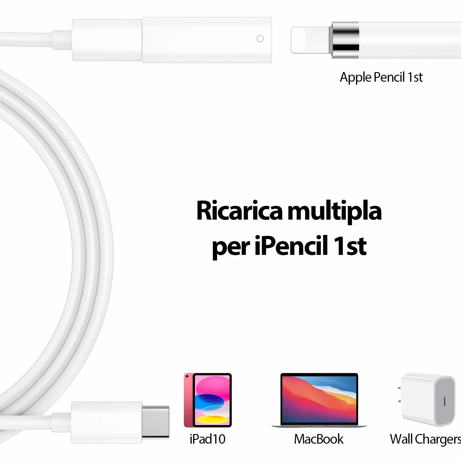 Adattatore USB-C per Apple Pencil 1 Generazione, Supporta Bluetooth per iPad 10 2022 e iPad 11 2025, Caricatore USB C, Bianco