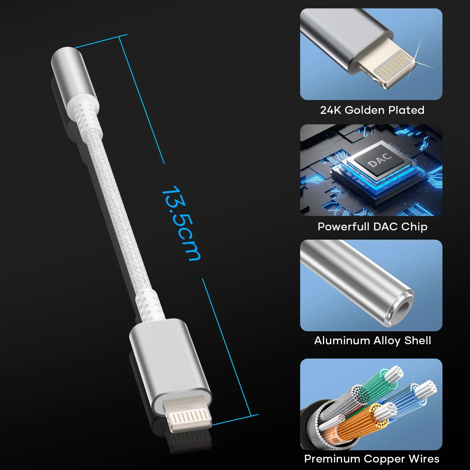Adattatore Lightning Jack 3,5 mm MFi per Cuffie Compatibile iPhone 14/13/12/11/X/8/7/iOS Bianco Argento