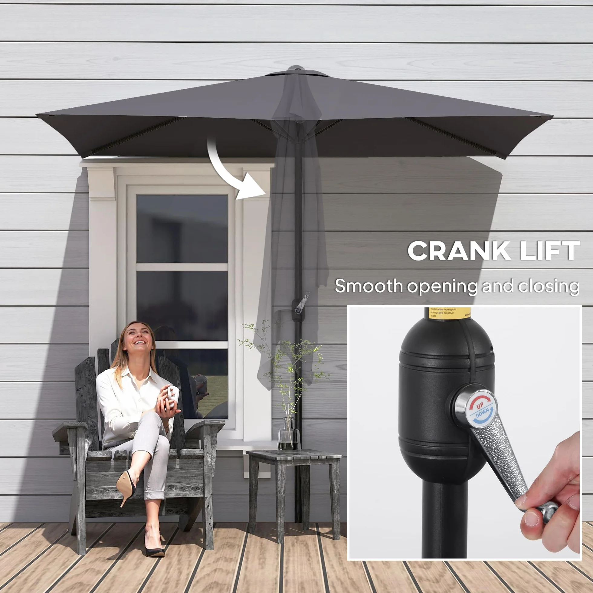 Outsunny Ombrellone Mezzaluna da Parete e Muro 2.3x1.3 m con Apertura a Manovella, Ombrellone da Giardino con 5 Stecche in Metallo e Poliestere 180g/㎡, Anti UV, per Terrazza e Balcone