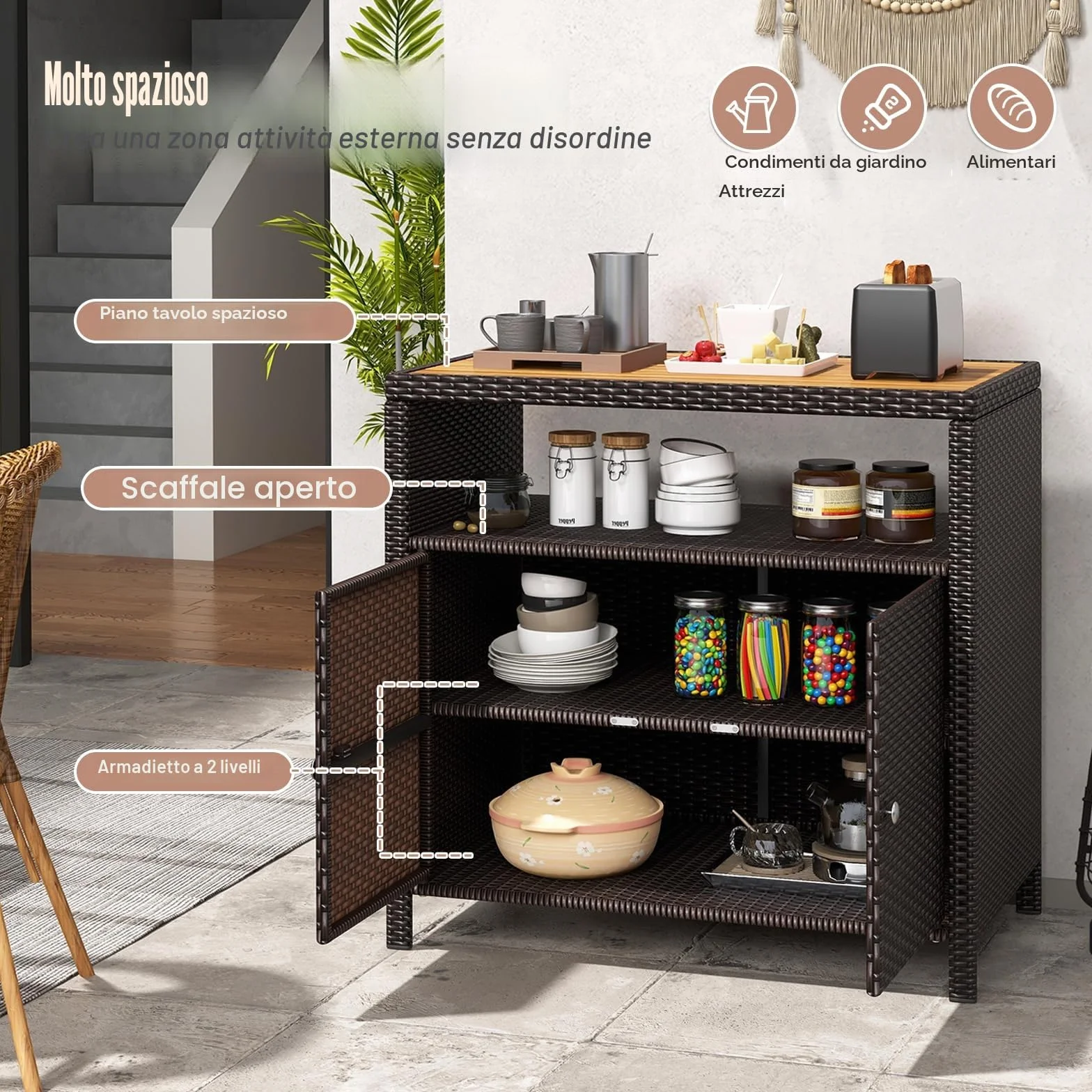 KOMFOTTEU Armadio da Esterno Impermeabile in Rattan 90x53x86 cm Marrone