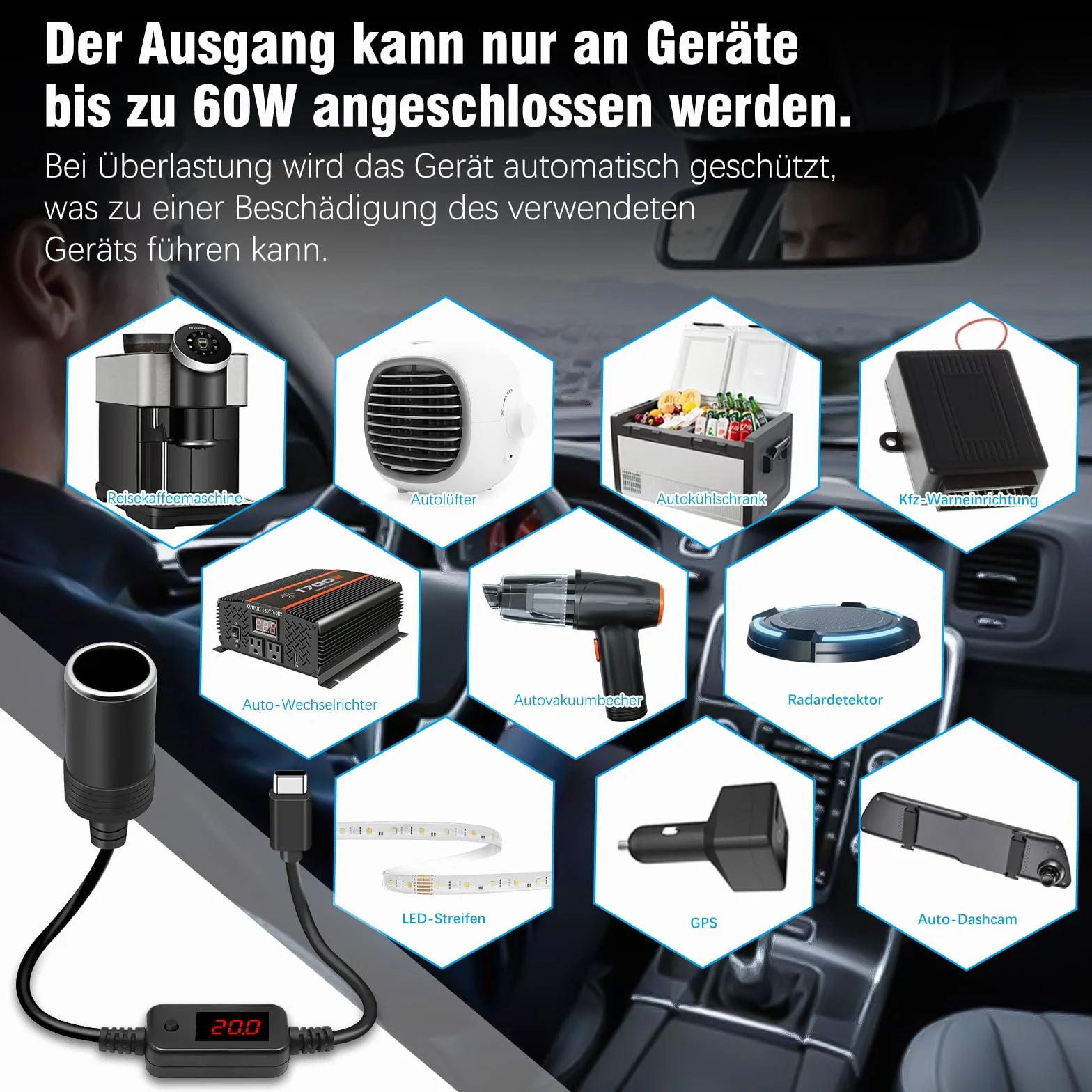 Adapter USB C 12V 60W do Auta, Dashcam, GPS
