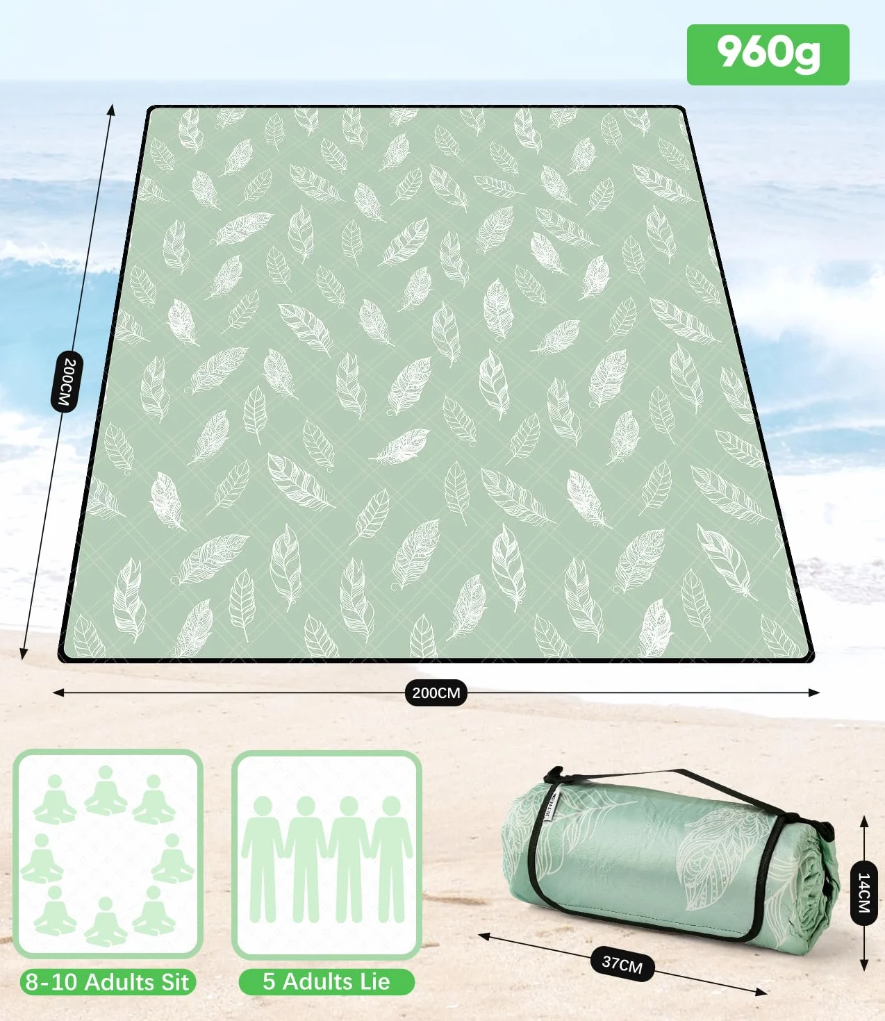 Coperta da Picnic Impermeabile Lavabile XXL 200x200 cm Verde