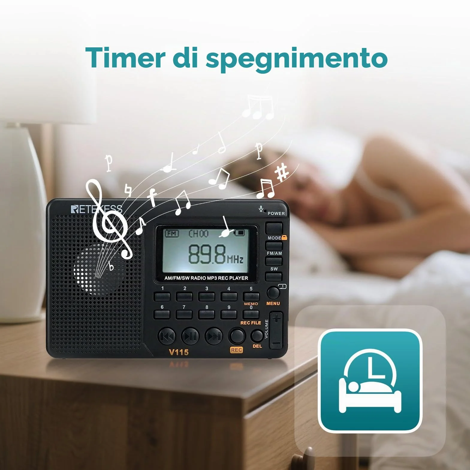 Retekess V115 Radio FM Portatile AM SW con Supporto USB AUX TF Batteria Ricaricabile Nero