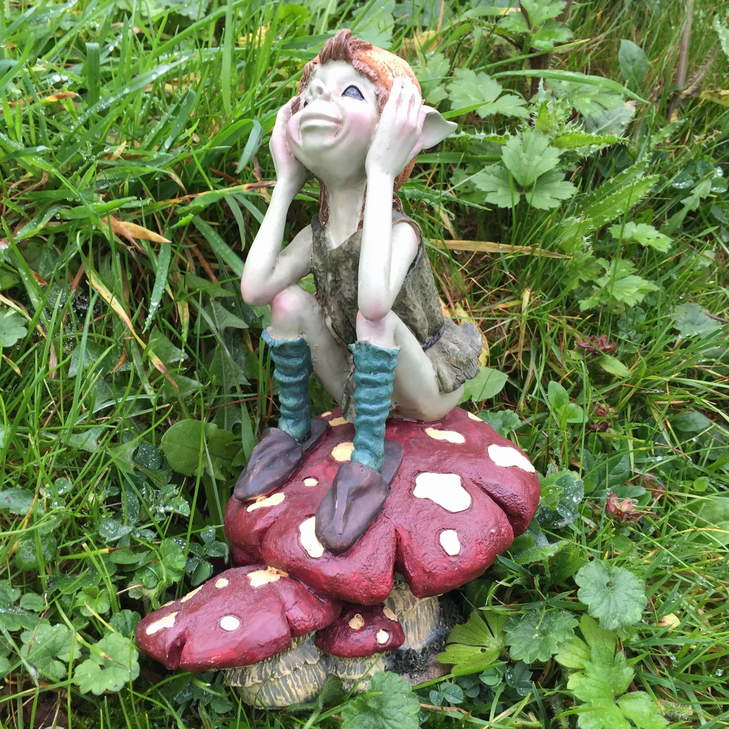 Prezents.com Pixie Thinking on Mushroom - Decorazione per la casa da giardino verde - Divertente statuetta regalo stravagante - Anthony Fisher