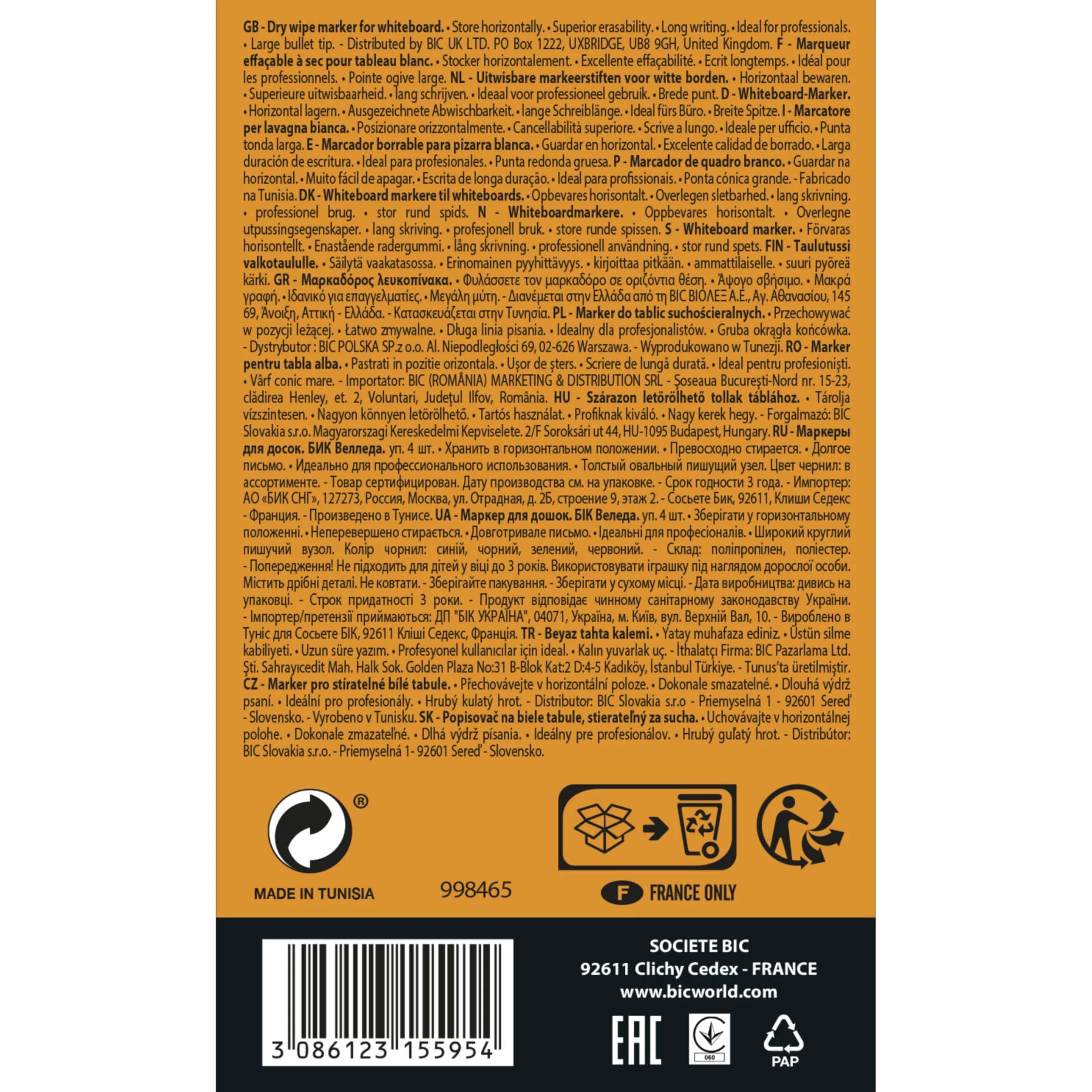 BiC Velleda 1711 Pennarelli per Lavagna Magnetica, Punta a Proiettile, Tratto 1.9 mm, 4 pezzi, colori assortiti