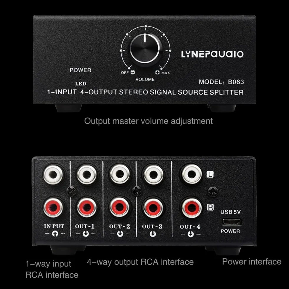 Separatore di sorgente segnale stereo 1 in 4 uscite audio RCA