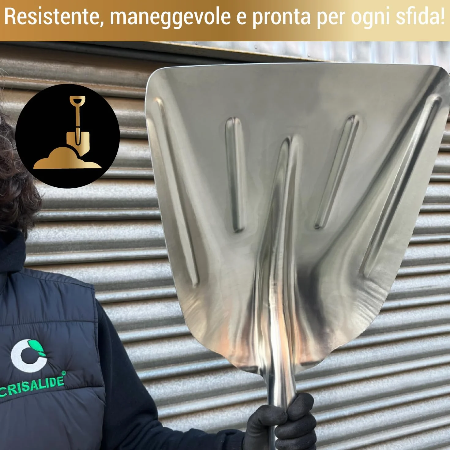 Crisalide® - Badile Super Resistente 36x49 cm con Manico in Legno - Versatile per Uso Agricolo, Giardinaggio e Lavori Pesanti, Multiuso, Pala da Neve (Alluminio)