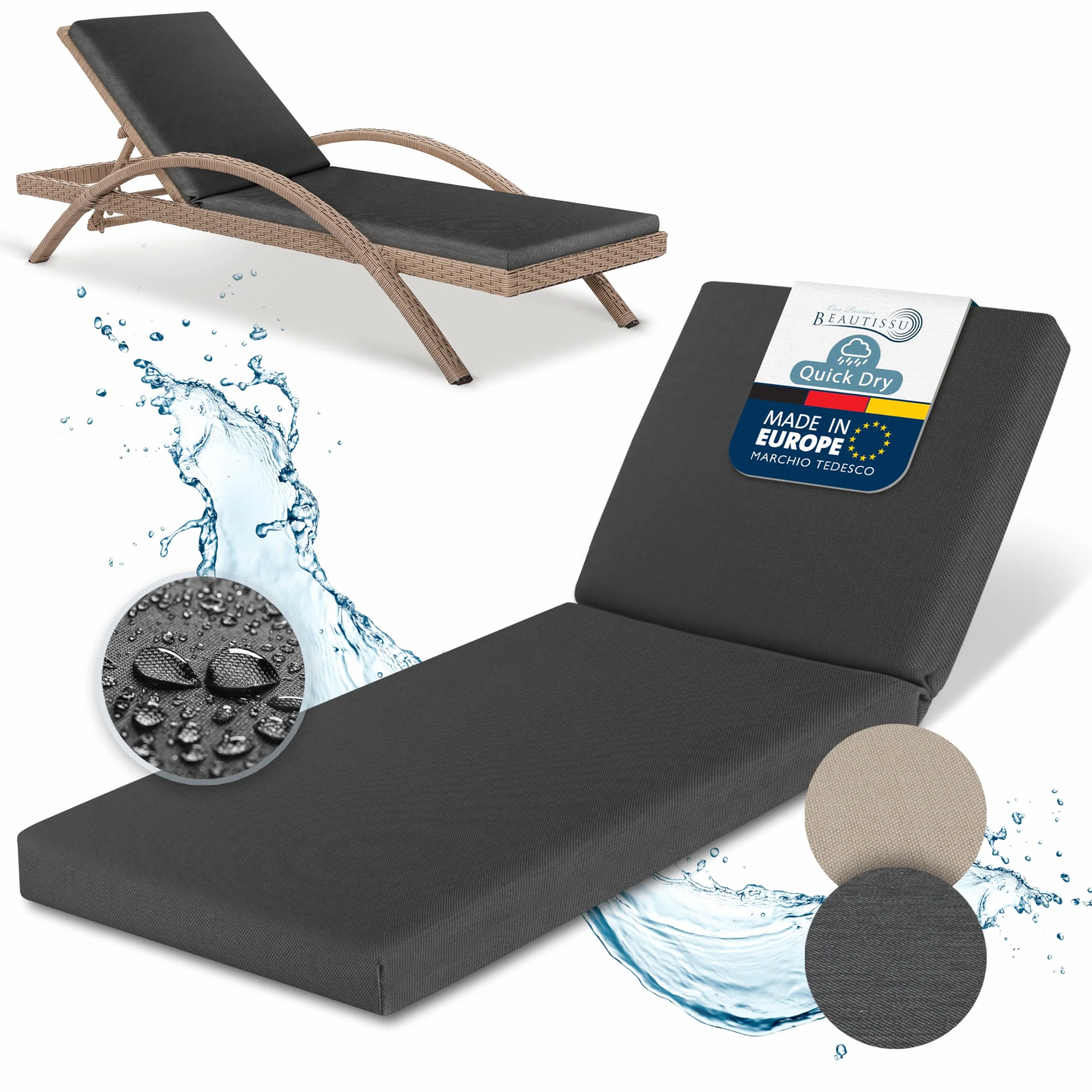 Beautissu Cuscini per sedie a sdraio da giardino Impermeabili Cuscino per sdraio 190x60 cm Cuscino resistente alle intemperie ad asciugatura rapida Lavabile - Cuscini per sdraio giardino Anthracite