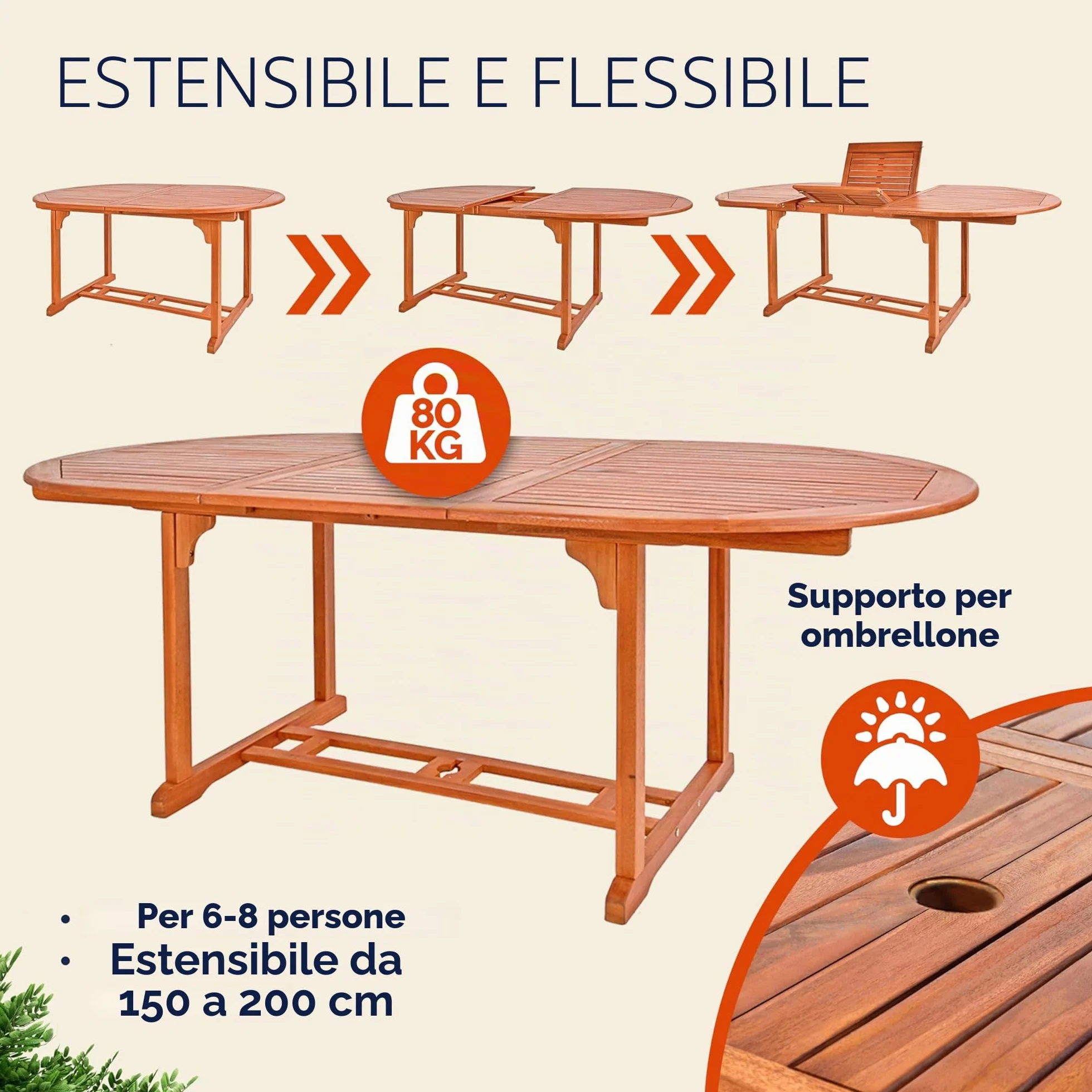 Casaria® Tavolo da Giardino Allungabile 200x100x74 cm Certificato FSC® Legno di Eucalipto Resistente Portata 160kg con Foro Ombrellone per Balcone Terrazza Balcone Esterno