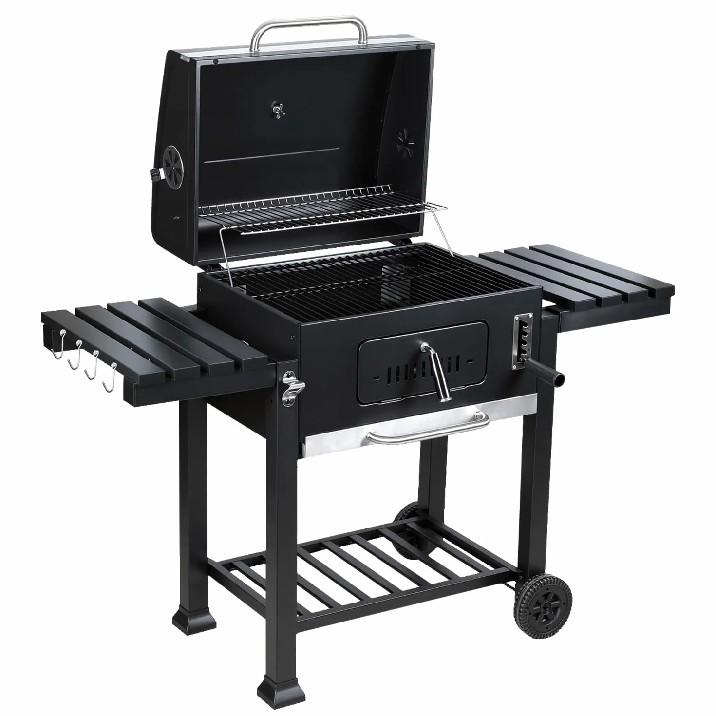 Barbecue XXL con coperchio e ruote, con doppio ripiano pieghevole, gancio, termometro, griglie, ecc, barbecue da campeggio e affumicatore, colore: grigio