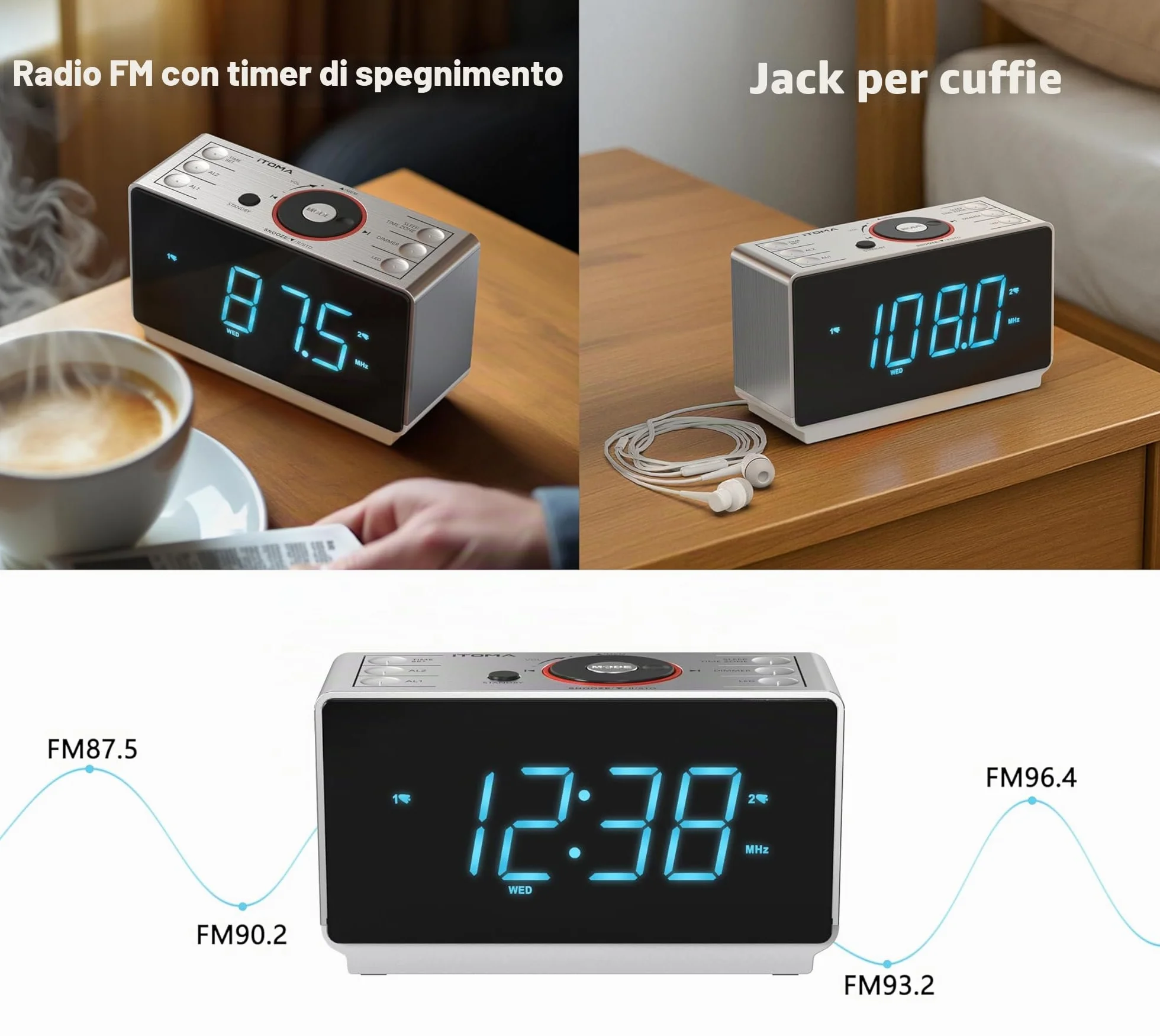 iTOMA Radiosveglia Bluetooth Digitale FM Doppia Sveglia Snooze Dimmer Ricarica USB Luce Notturna CKS708