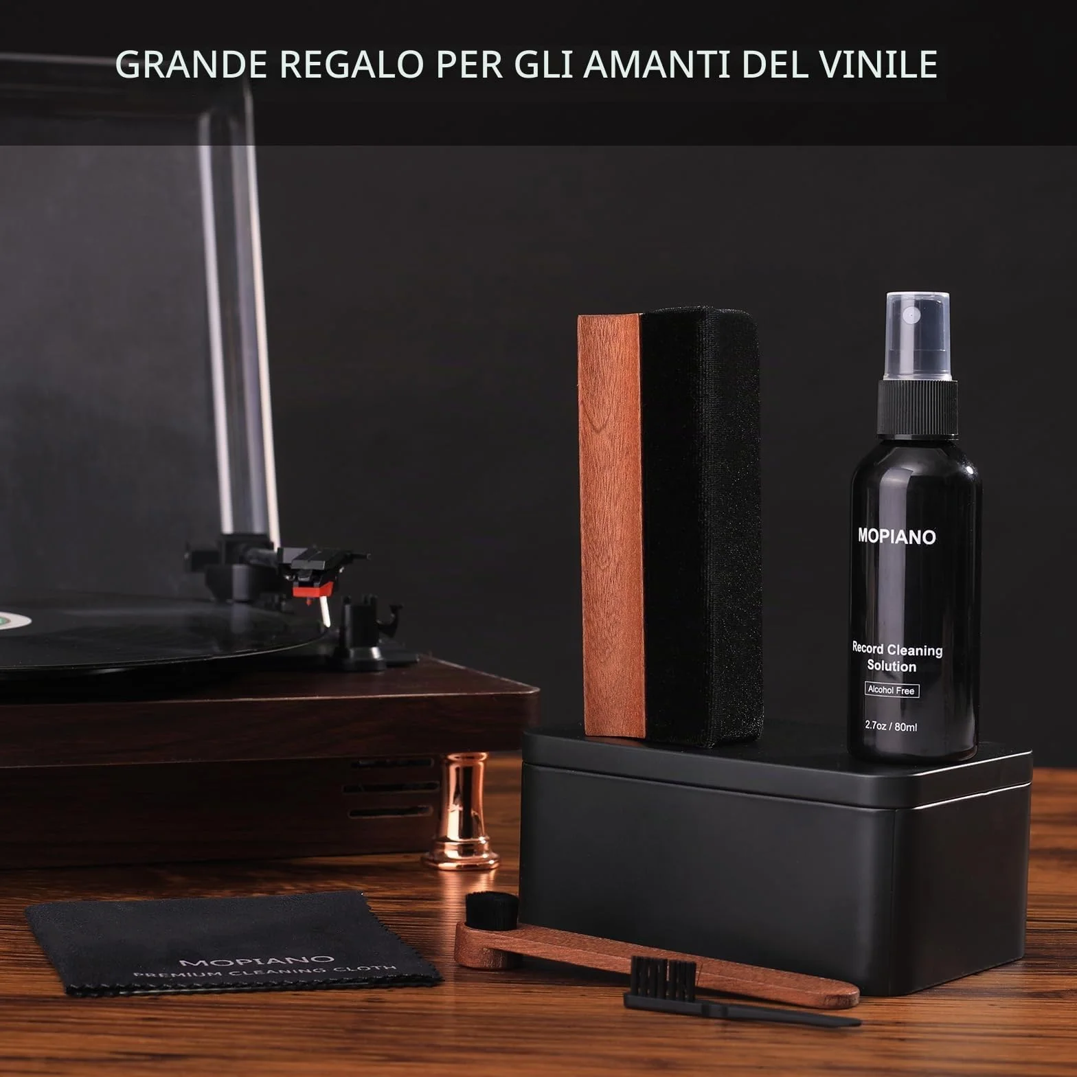 Mopiano Kit di pulizia per dischi in vinile 6-in-1 con spazzola in velluto e liquido LP
