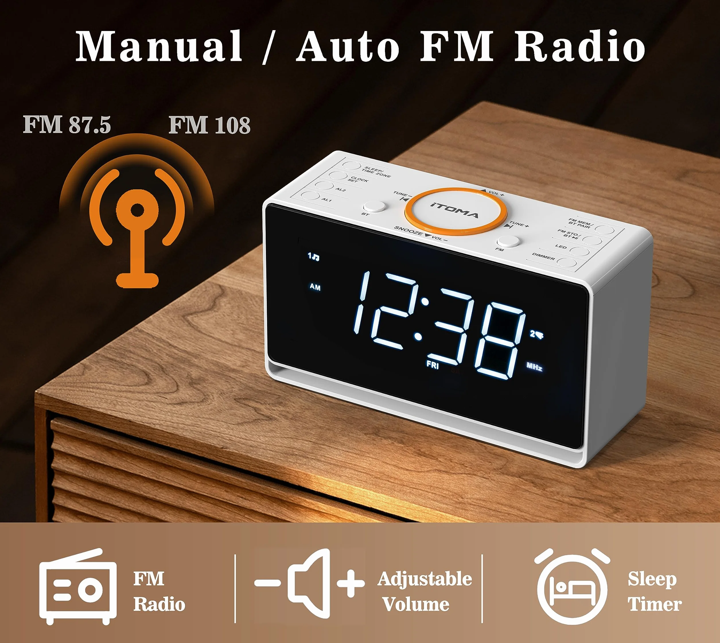 iTOMA Radiosveglia Bluetooth 1,4" Display LED Bianco FM Doppia Sveglia Timer Snooze Dimmer Caricatore USB CKS718