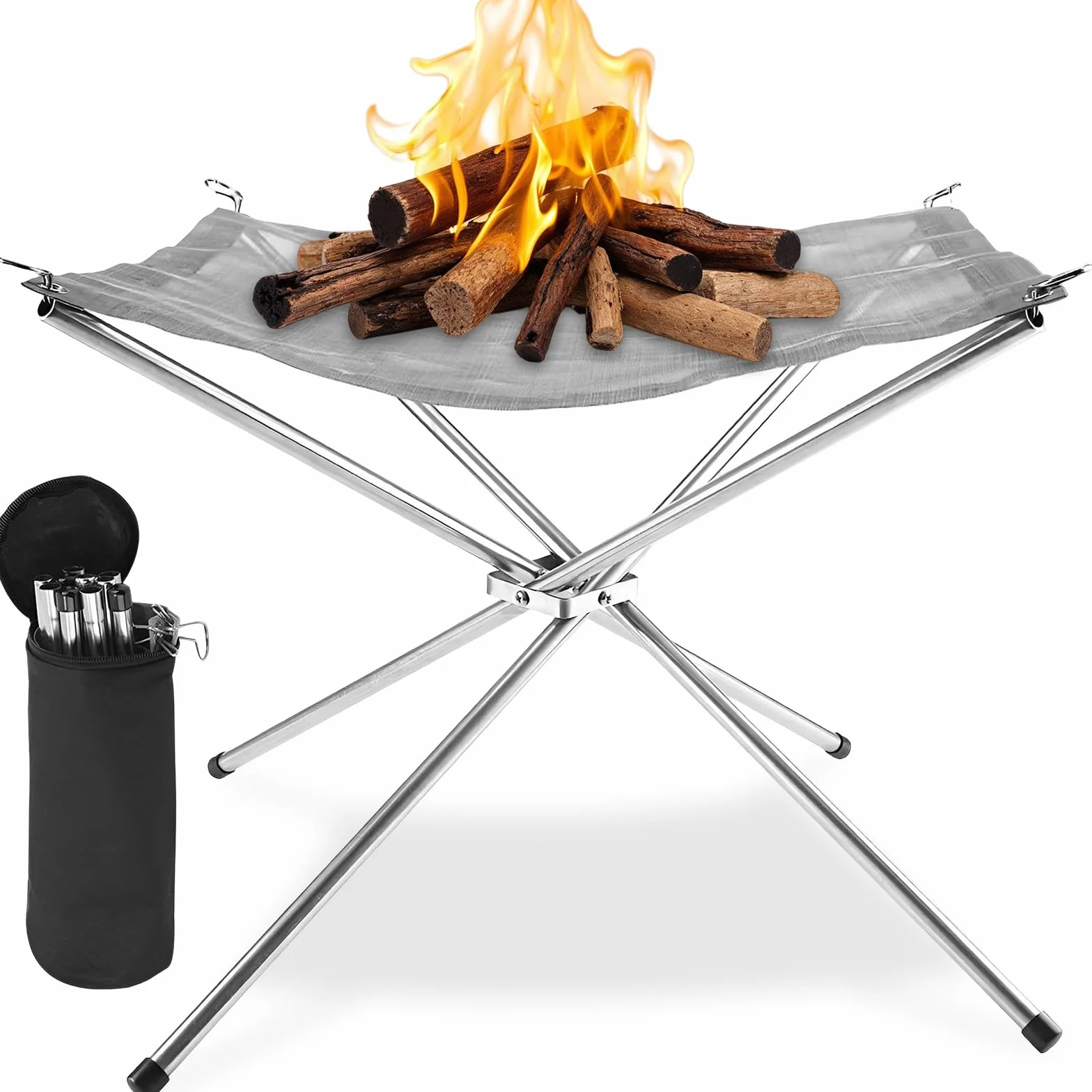 Braciere Campeggio Portatile 42cm con Borsa Trasporto, Pozzo Fuoco Rete Acciaio Inossidabile 304 Pieghevole, Camino Aperto Esterno Piccolo, Accessori Picnic per Cortile, Giardino, Patio, Falò