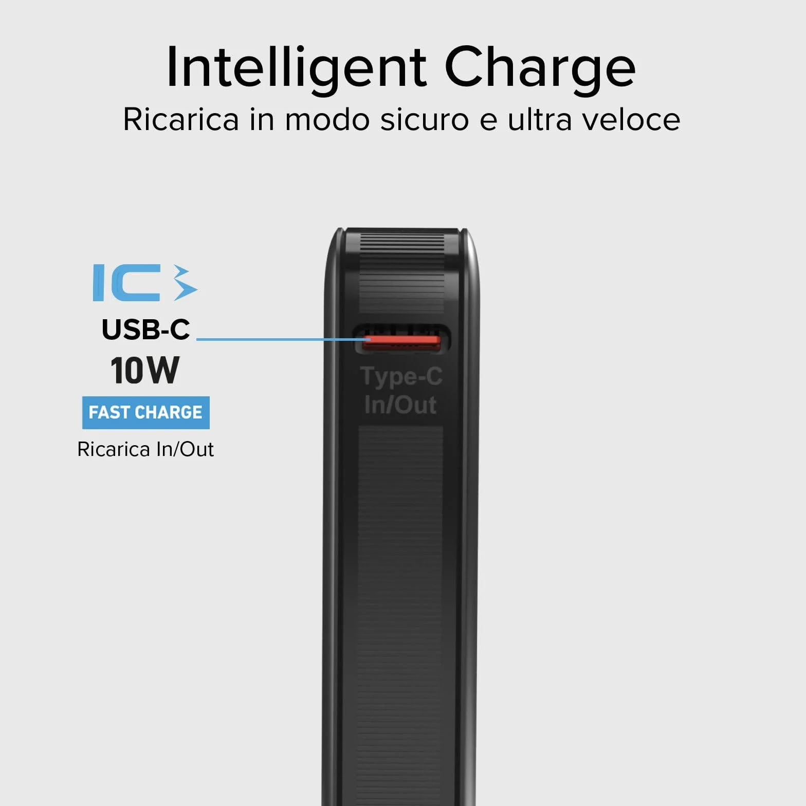 SBS NanoTube PowerBank HD 5000mAh 10W Power Bank Ricarica Rapida USB-C Caricabatterie Portatile Nero