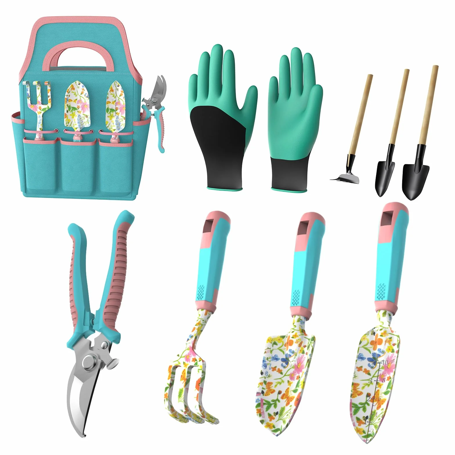 Set di 9 attrezzi da giardinaggio, utensili a mano in lega di alluminio, con borsa da giardino, set di attrezzi per esterni robusti con impugnatura ergonomica