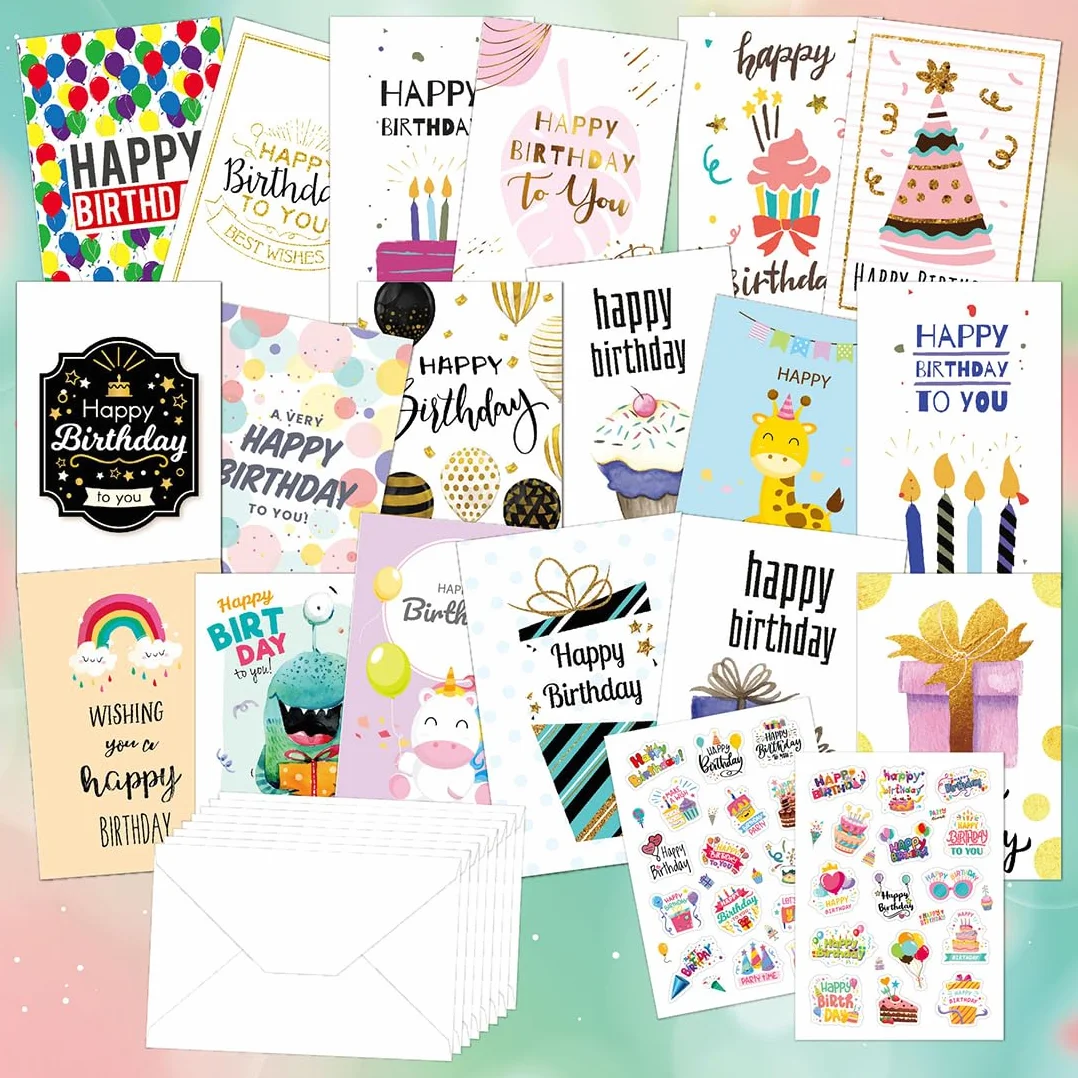 Biglietti Auguri Compleanno Premium 18 Pezzi con Buste e Adesivi