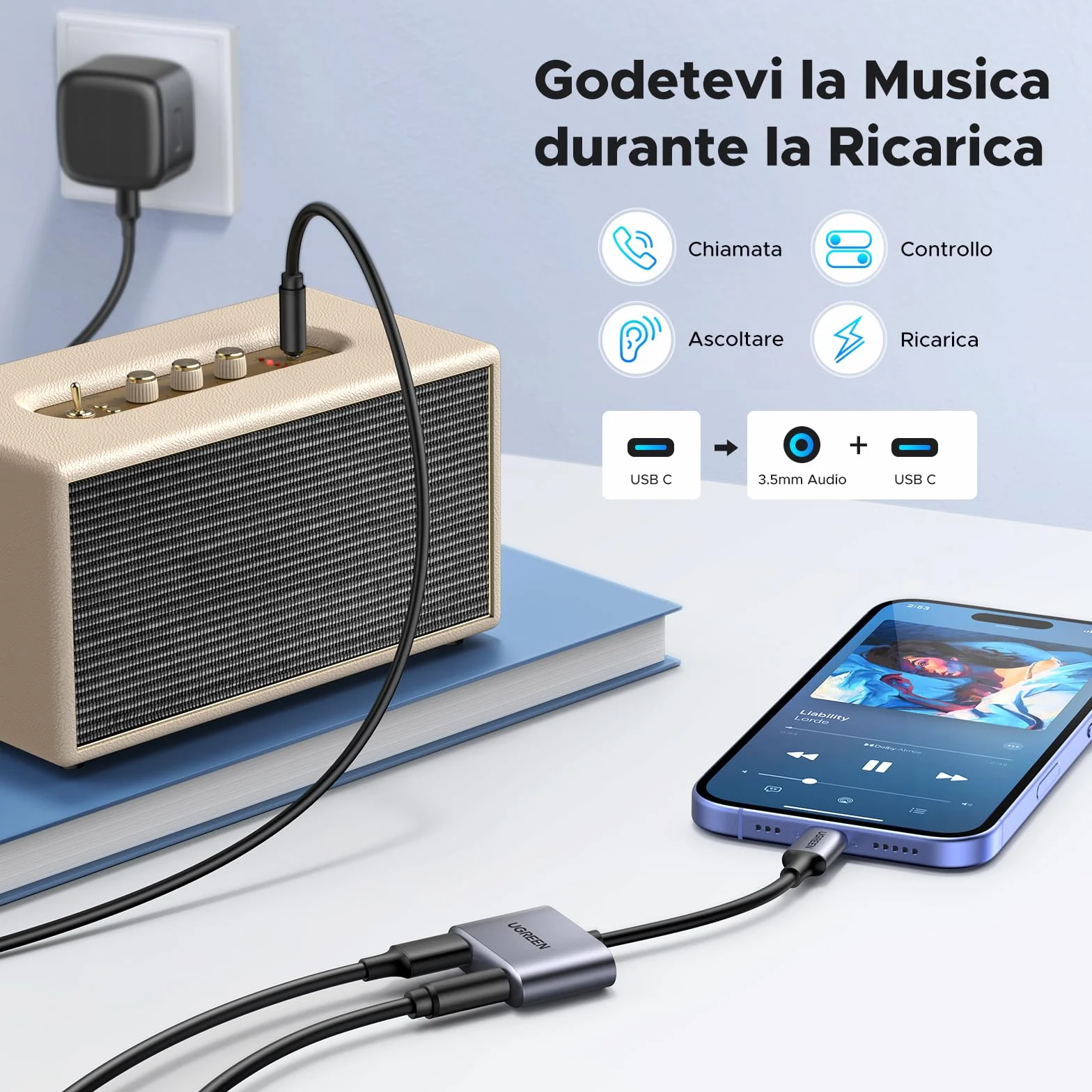 UGREEN Adattatore USB C a Jack 3,5 mm Ricarica Rapida PD 30W Chip DAC per Cuffie Tipo C