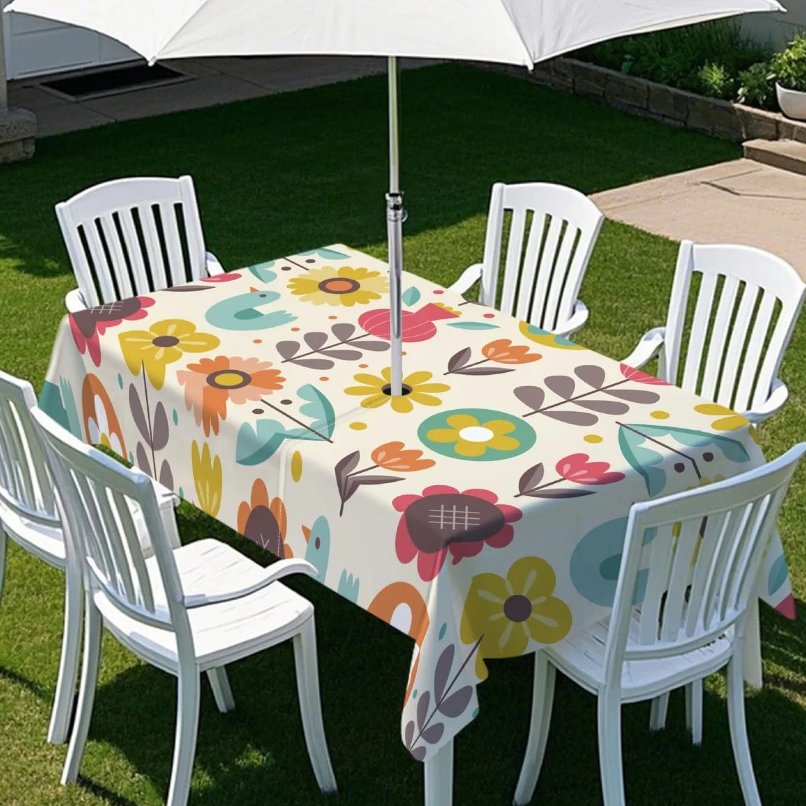 Chickwin Tovaglia Rettangolare Impermeabile Antimacchia 230x150cm con Foro Ombrellone, Motivo Floreale Girasole, per Tavolo Giardino