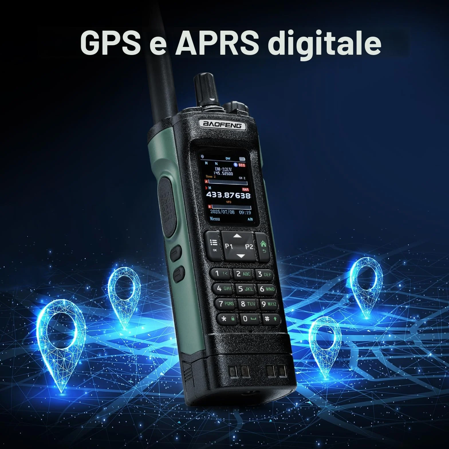 Radio BAOFENG DM-32UV DMR 10W portatile UHF/VHF/AM/FM con GPS e APRS digitale, doppio slot Tier II, display 2", 4000 canali, zielona